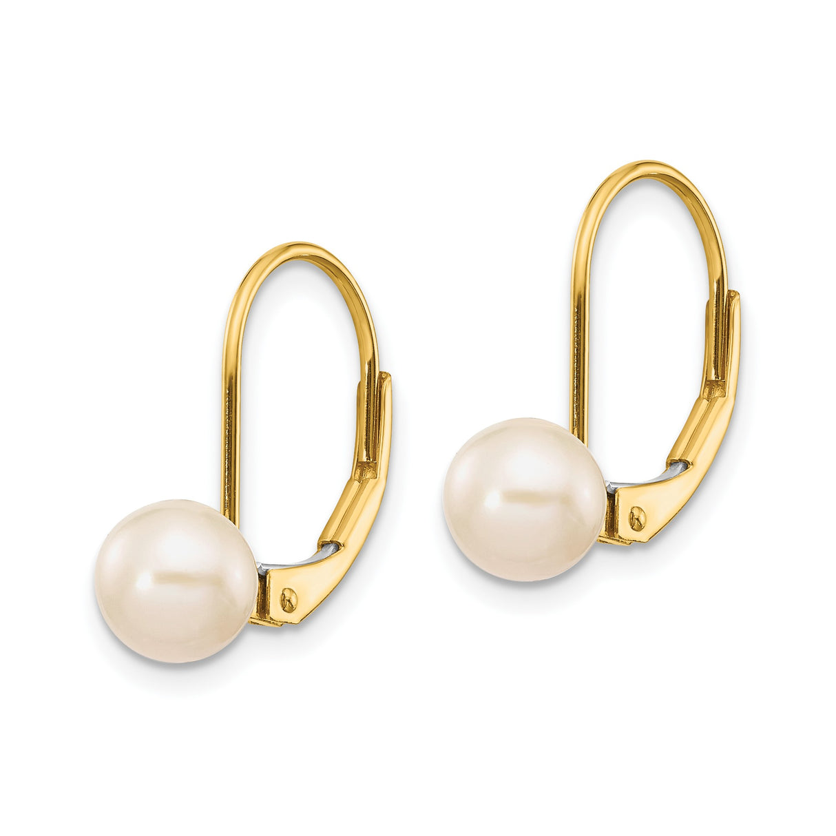 14k Yellow Gold Leverback Earrings with White Cultured Pearls, Classic Drop Style for Women