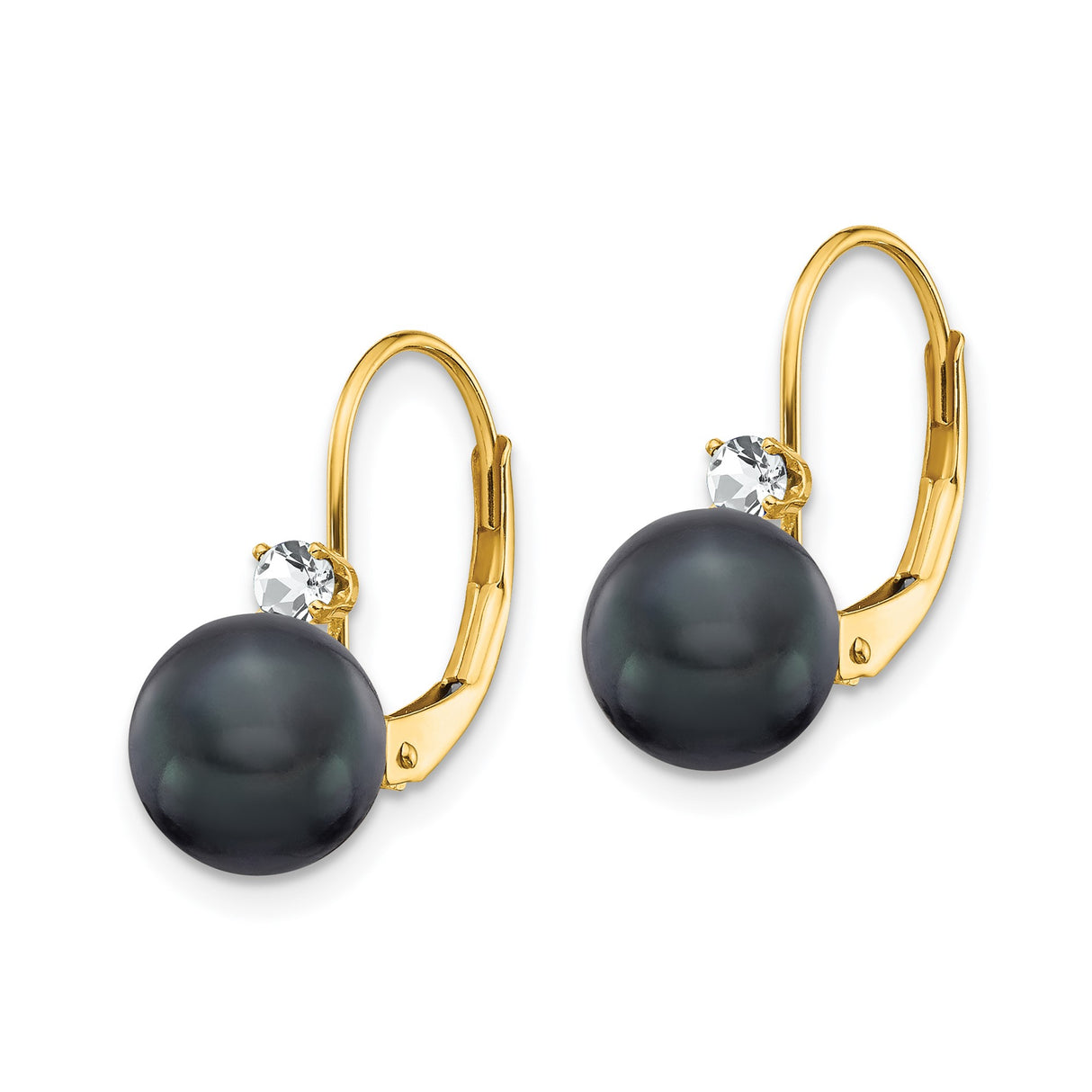 14k Yellow Gold Dangle Earrings with Black Pearls and Diamond Accents, Leverback Design
