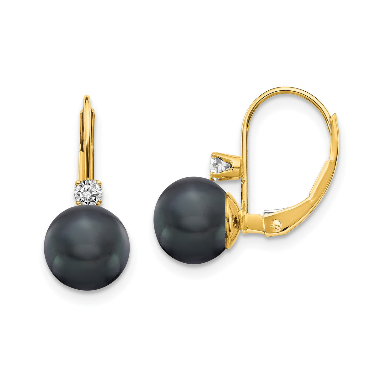 14k Yellow Gold Dangle Earrings with Black Pearls and Diamond Accents, Leverback Design