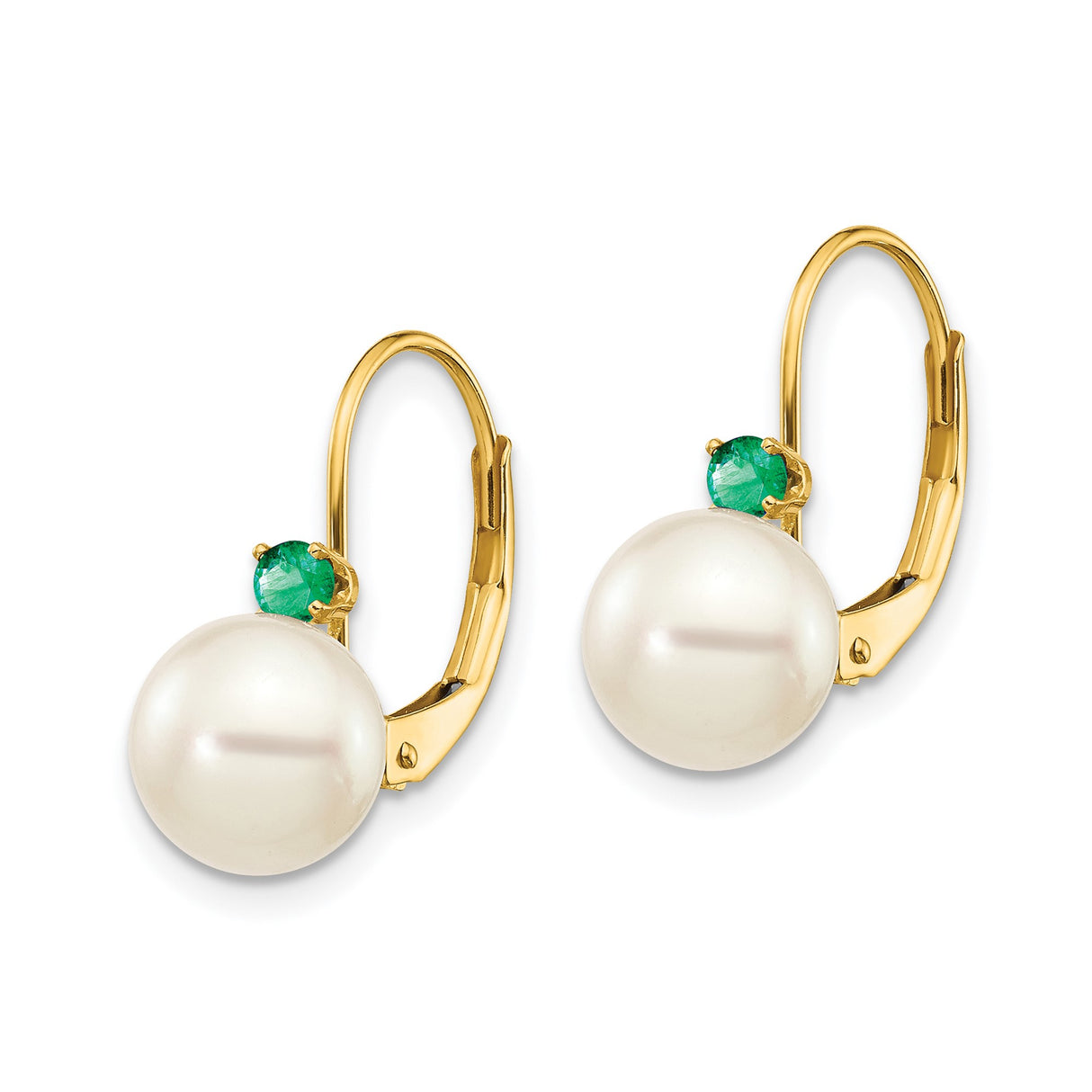 14k Yellow Gold Leverback Earrings with White Pearls and Emerald Accents, Dangle Style for Women