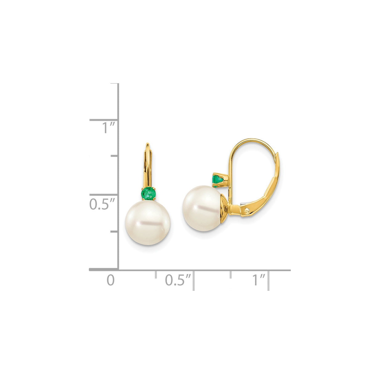 14k Yellow Gold Leverback Earrings with White Pearls and Emerald Accents, Dangle Style for Women