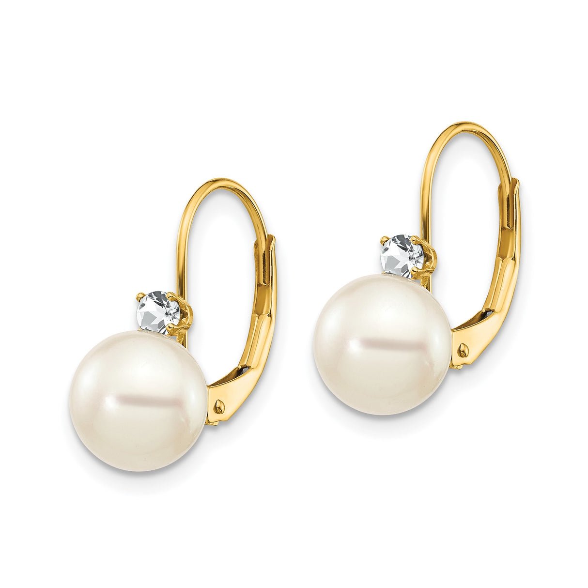 14k Yellow Gold Dangle Earrings with White Pearls and Diamond Accents, Leverback Drop Design