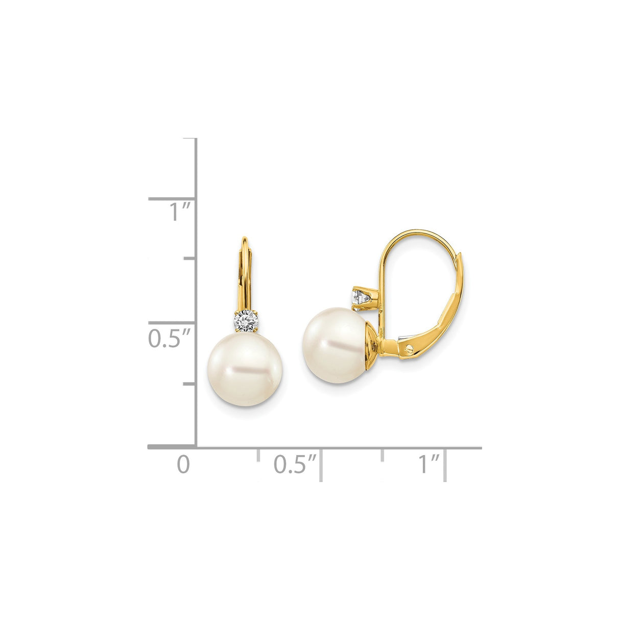 14k Yellow Gold Dangle Earrings with White Pearls and Diamond Accents, Leverback Drop Design