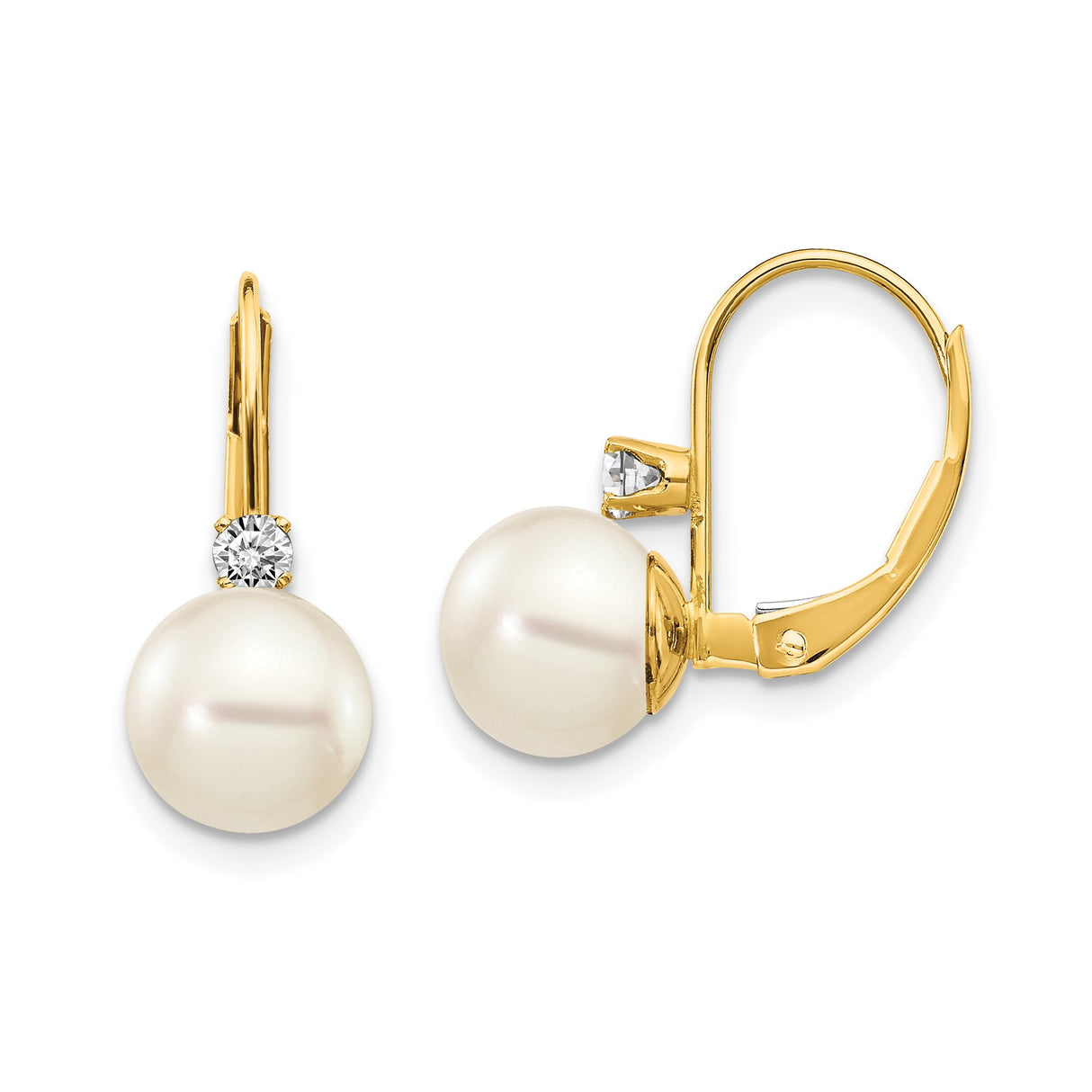 14k Yellow Gold Dangle Earrings with White Pearls and Diamond Accents, Leverback Drop Design