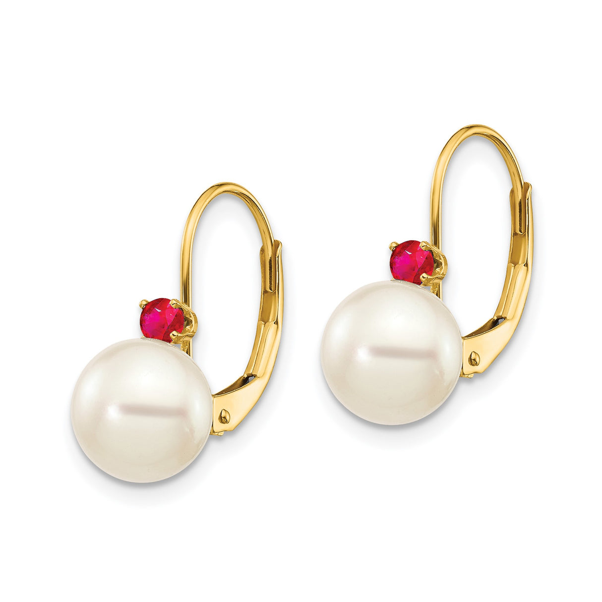 14k Yellow Gold Leverback Earrings with White Pearls and Rubies, Classic Drop Style for Women