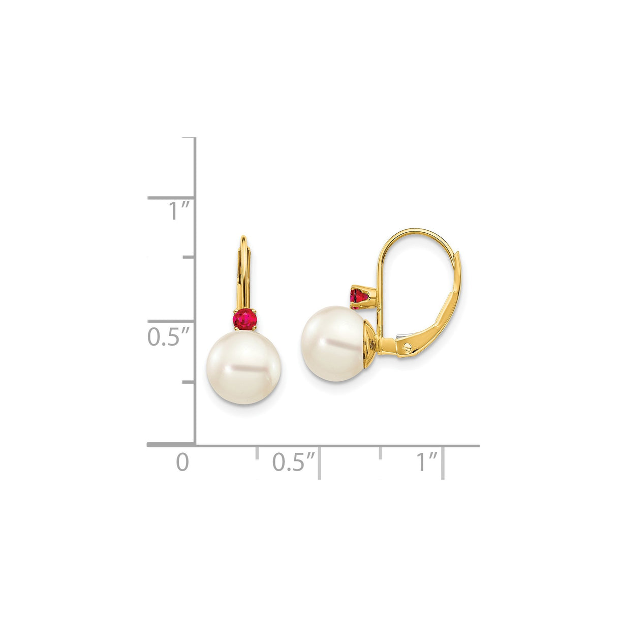 14k Yellow Gold Leverback Earrings with White Pearls and Rubies, Classic Drop Style for Women