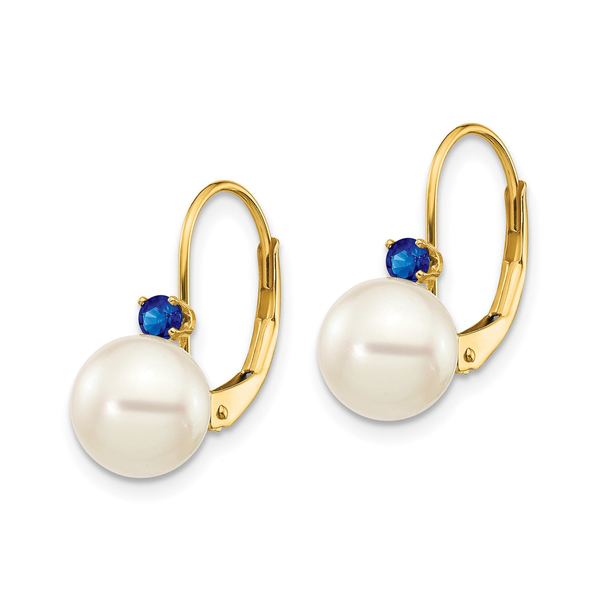 14k Yellow Gold Leverback Earrings with White Freshwater Pearls and Blue Sapphires, Dangle Design