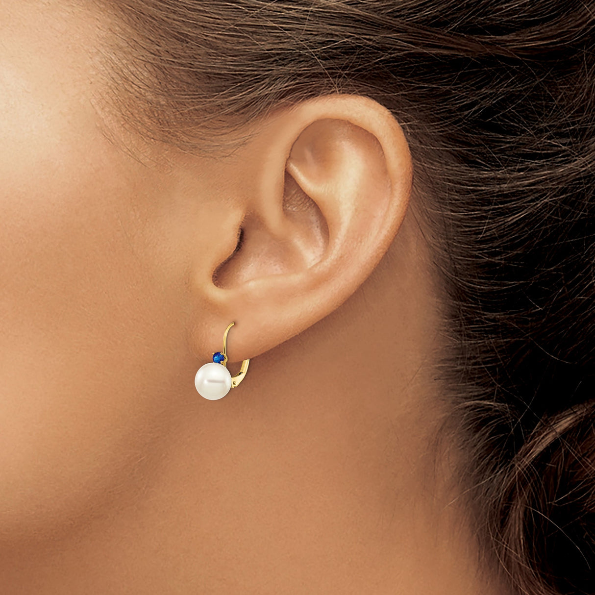 14k Yellow Gold Leverback Earrings with White Freshwater Pearls and Blue Sapphires, Dangle Design