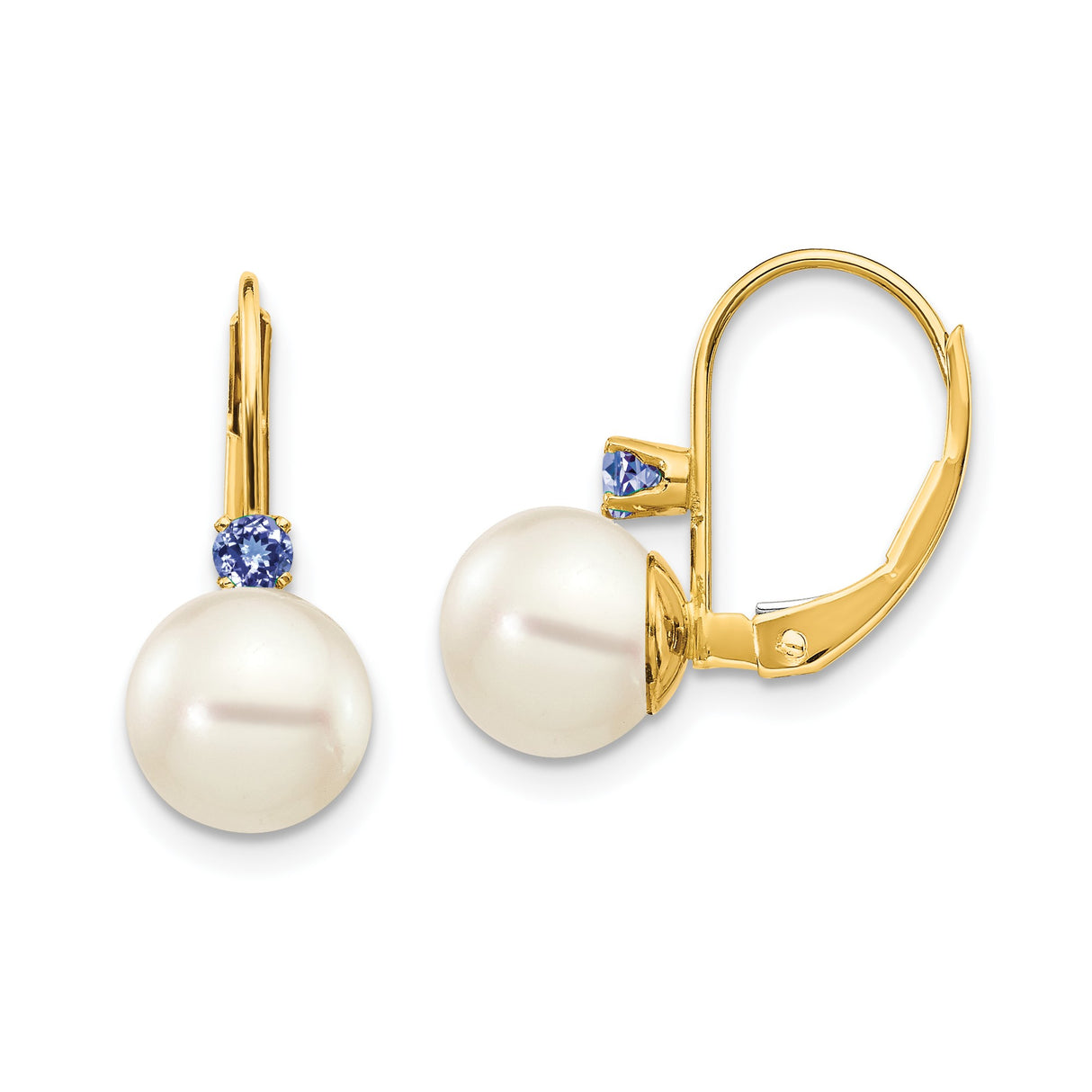 14k Yellow Gold Drop Earrings with White Pearls and Tanzanite Accents, Classic Dangle Design