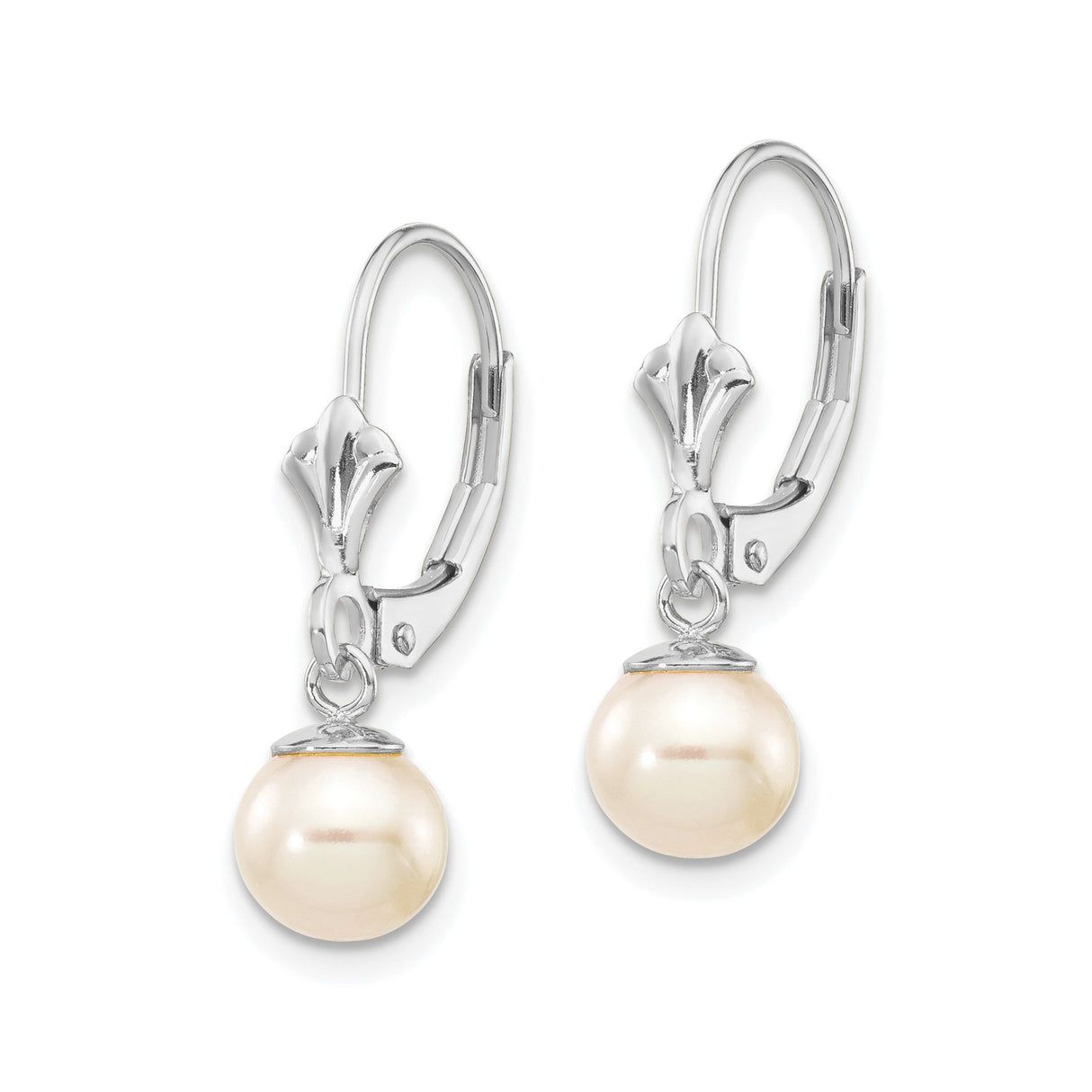 14k White Gold Drop Earrings with Cultured Round White Pearls, Leverback Closure