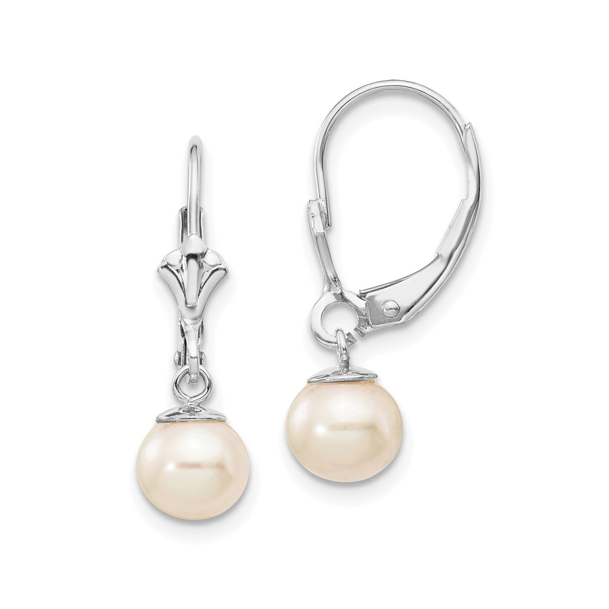 14k White Gold Drop Earrings with Cultured Round White Pearls, Leverback Closure