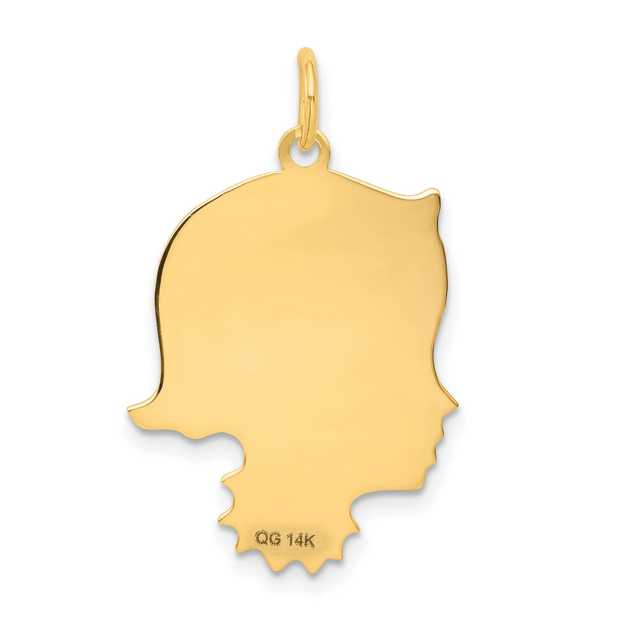 14k Yellow Gold Girl Profile Pendant Charm, Polished Silhouette with Etched Details, Memorial Jewelry