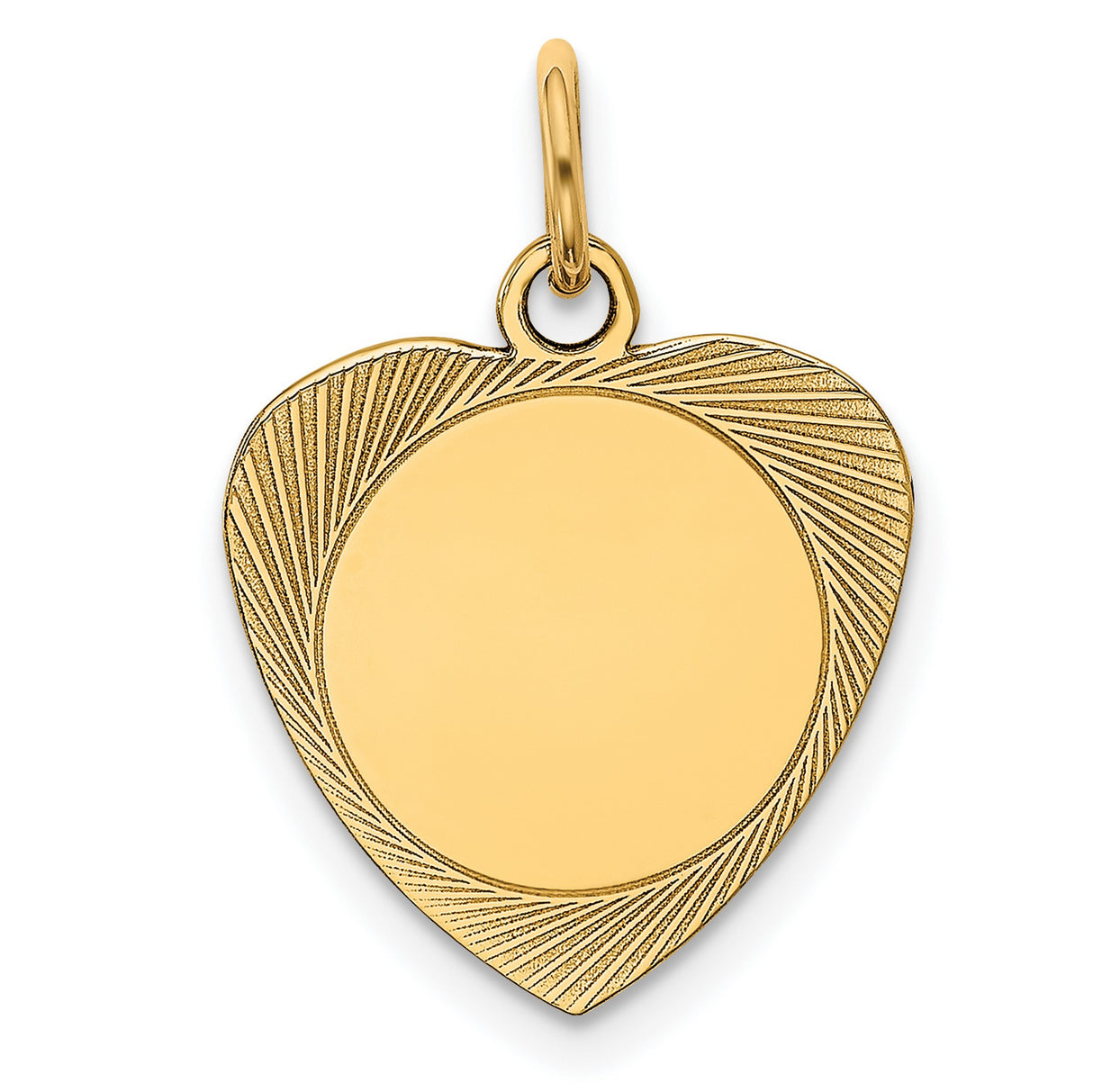 14k Yellow Gold Heart Pendant with Polished Center and Radial Texture, Engravable Charm for Women