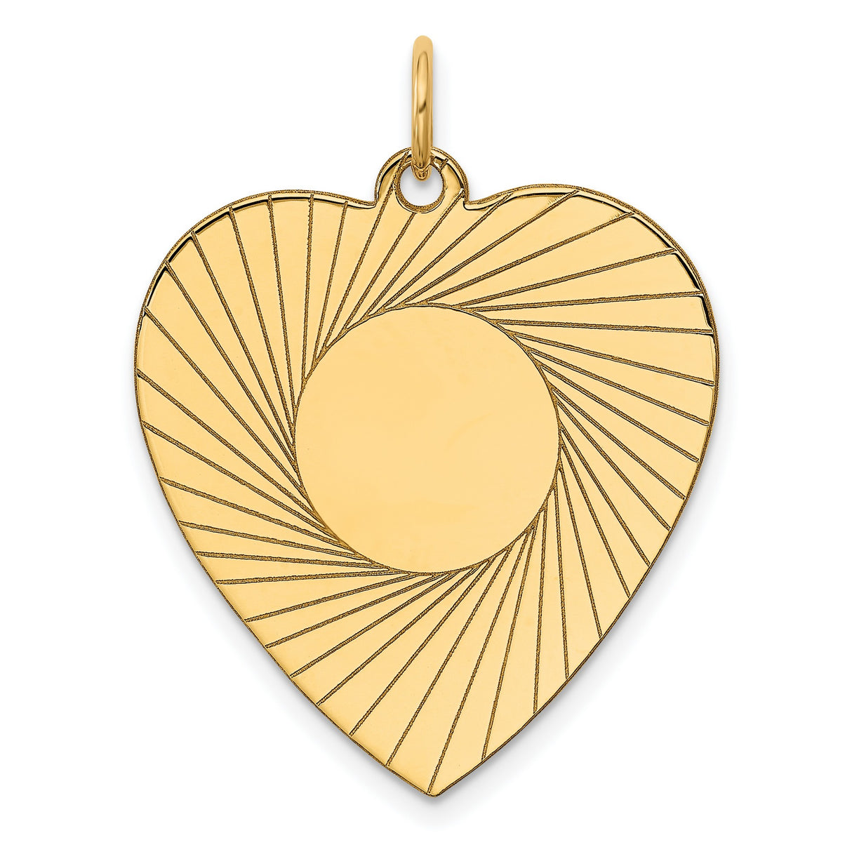 14k Yellow Gold Heart Pendant with Sunburst Design and Engraving Center