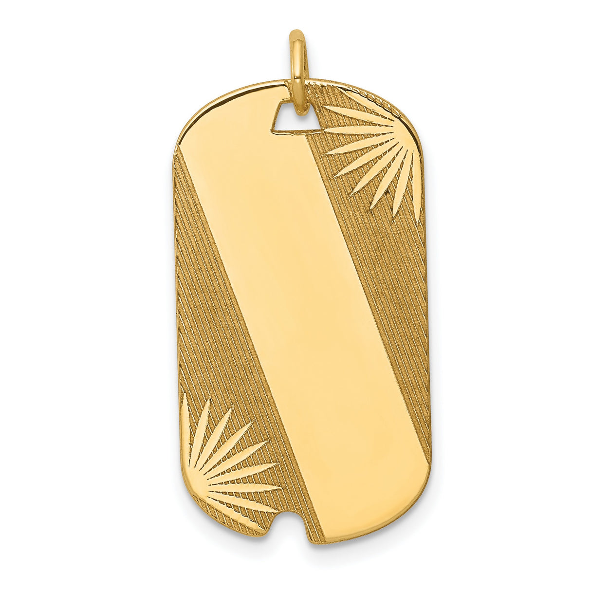 14k Yellow Gold Dog Tag Pendant, Sunburst Design with Polished Stripe, Unisex Engraving Ready