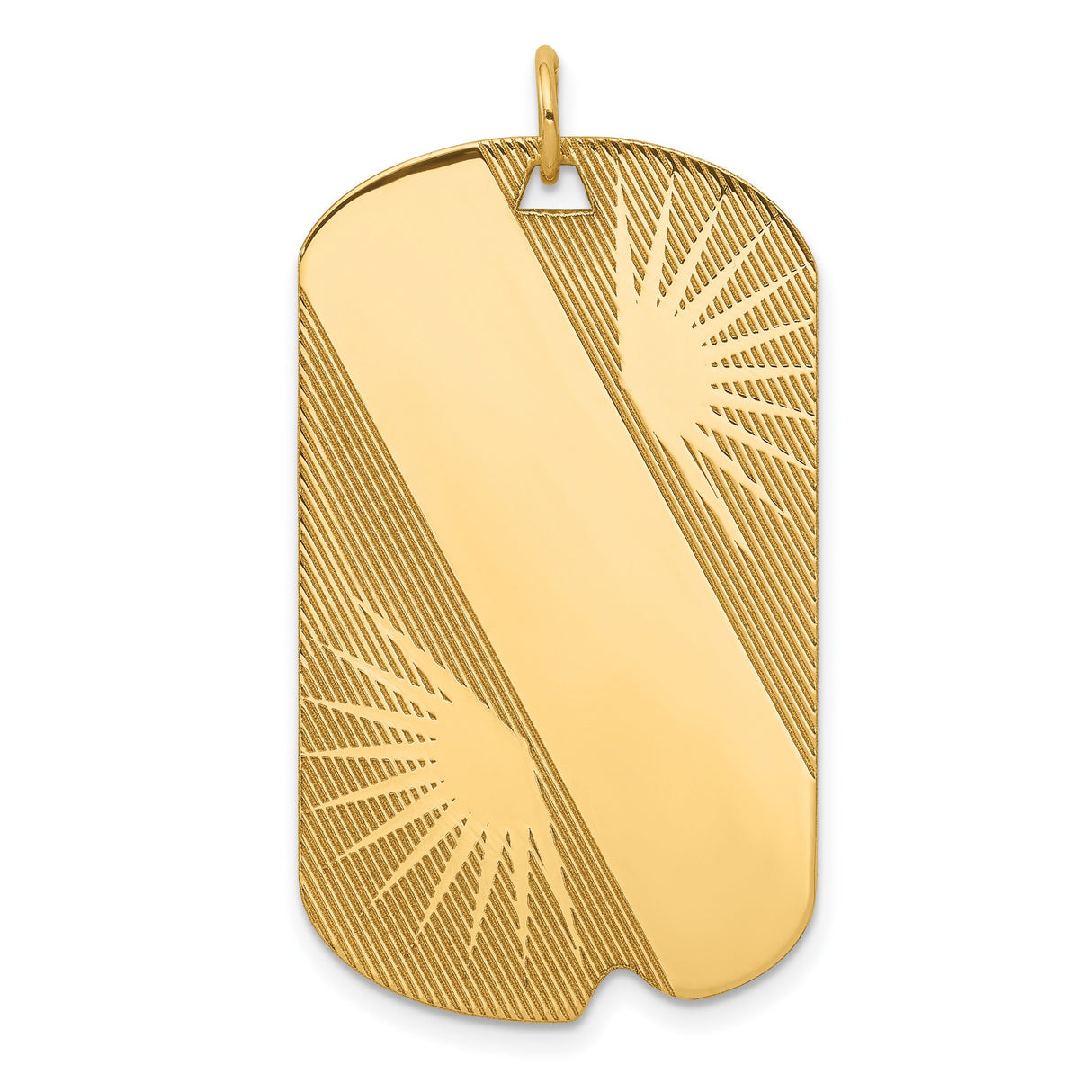 14k Yellow Gold Dog Tag Pendant with Sunburst Design and Polished Center Stripe