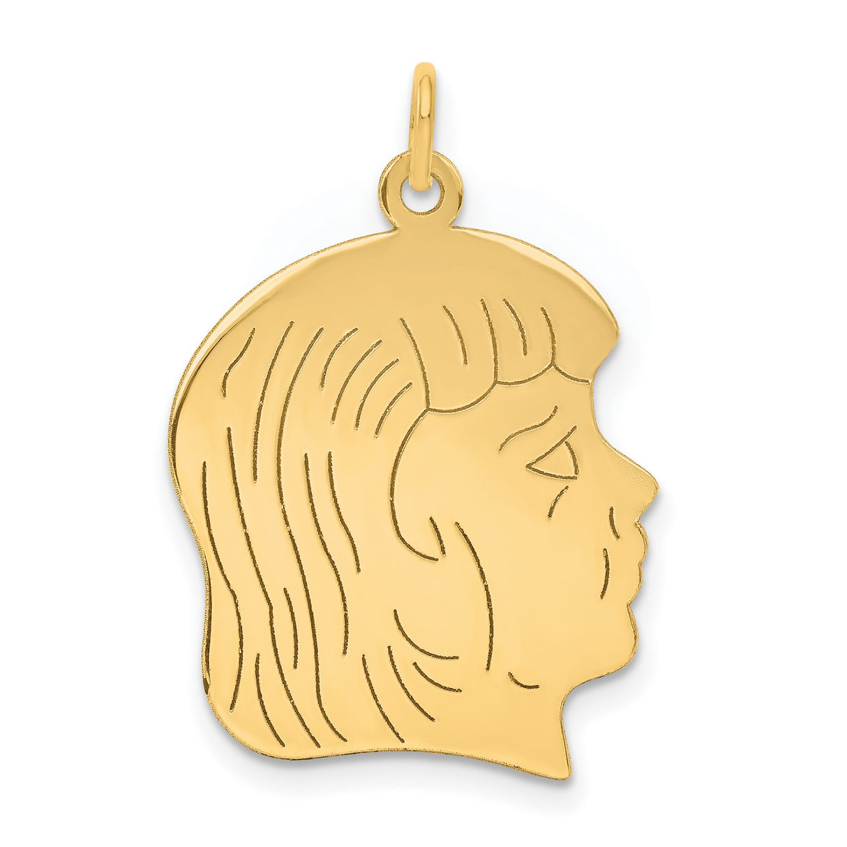 14k Yellow Gold Girl Head Profile Pendant with Short Hair, Etched Family Keepsake Charm