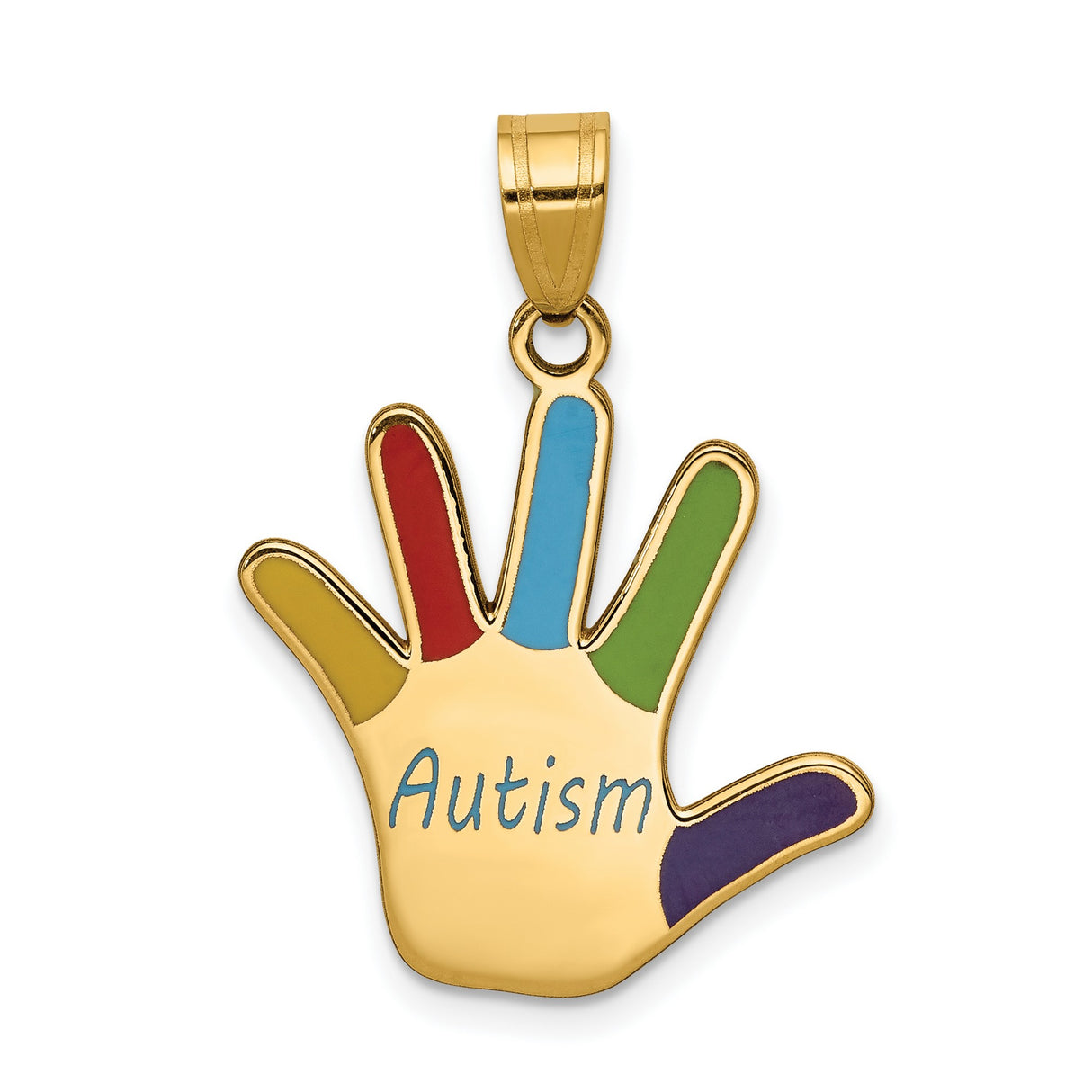 14k Yellow Gold Pendant, Multicolor Enamel Autism Awareness Hand Symbol, Unisex Advocacy Charm