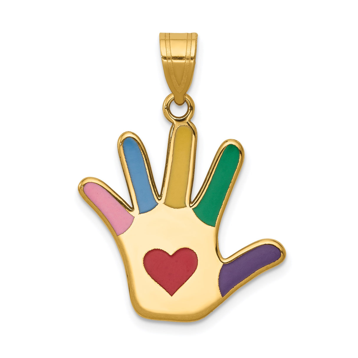 14k Yellow Gold Hand Pendant with Multicolor Enamel Fingers and Red Heart, Love and Diversity Symbol