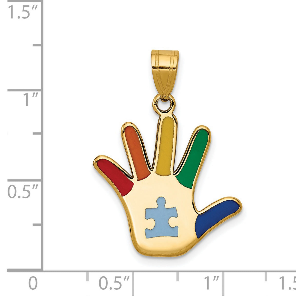 14k Yellow Gold Hand Shaped Pendant with Multicolor Enamel and Blue Puzzle Symbol