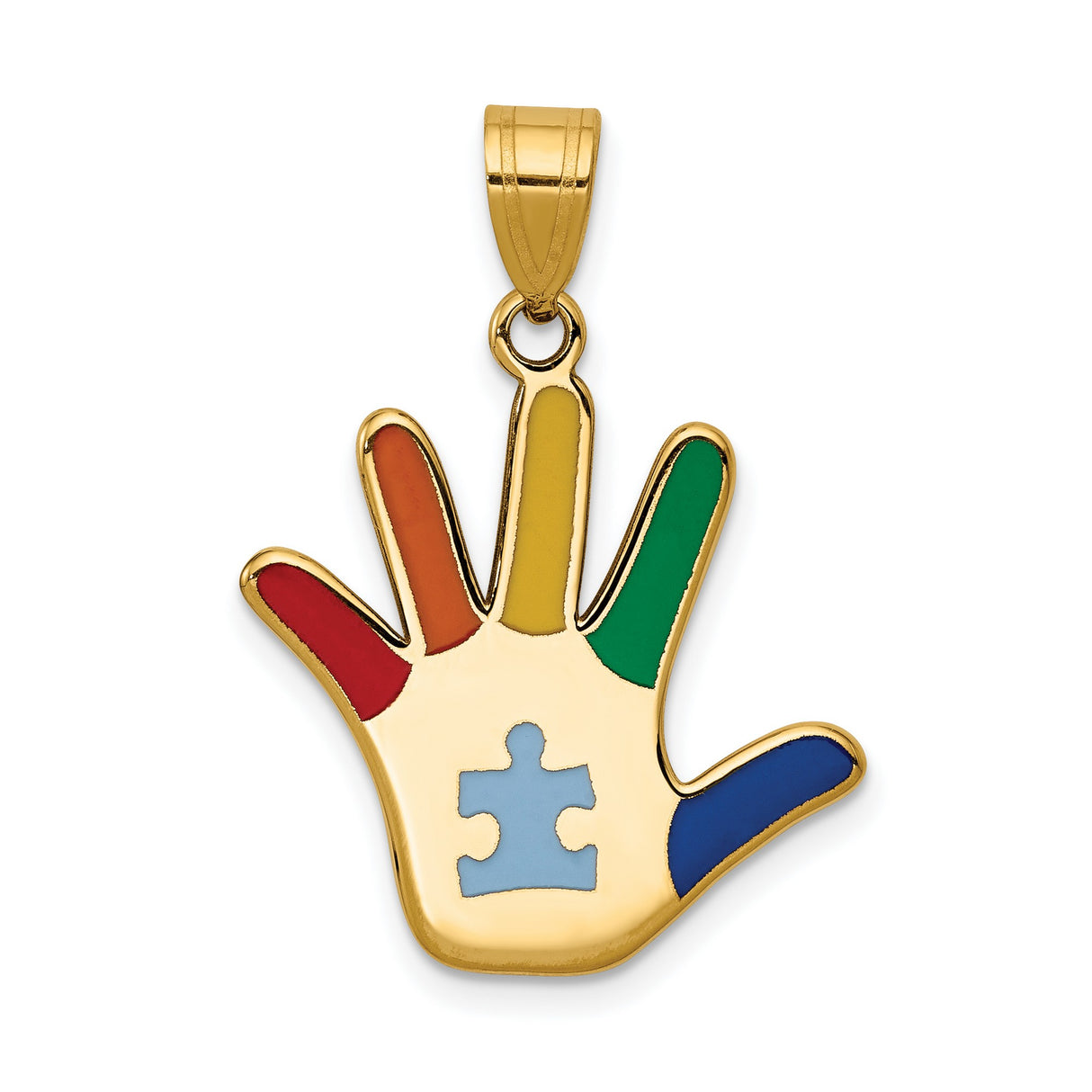 14k Yellow Gold Hand Shaped Pendant with Multicolor Enamel and Blue Puzzle Symbol
