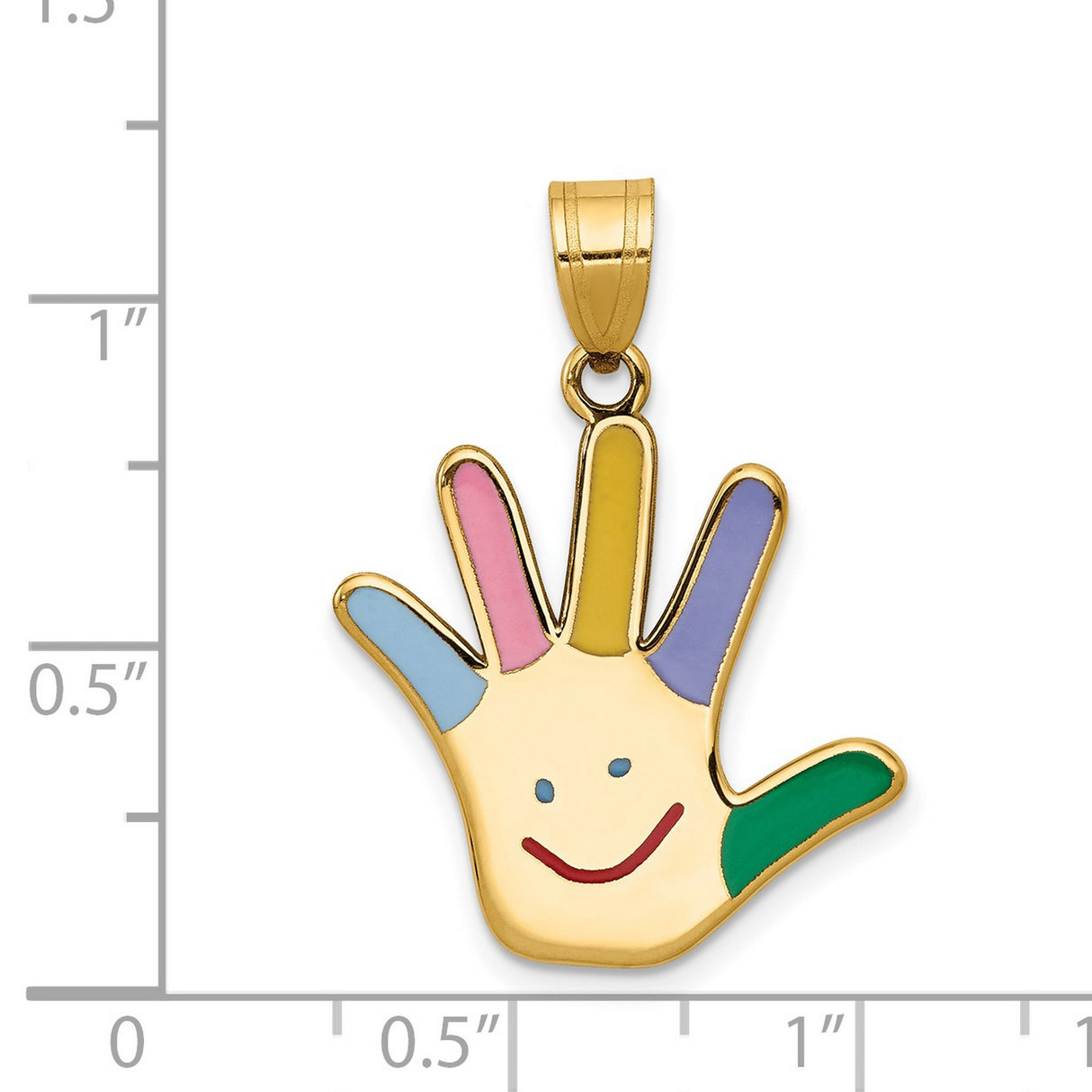 14k Yellow Gold Hand-Shaped Pendant with Colorful Enamel Fingers and Smiling Face Design