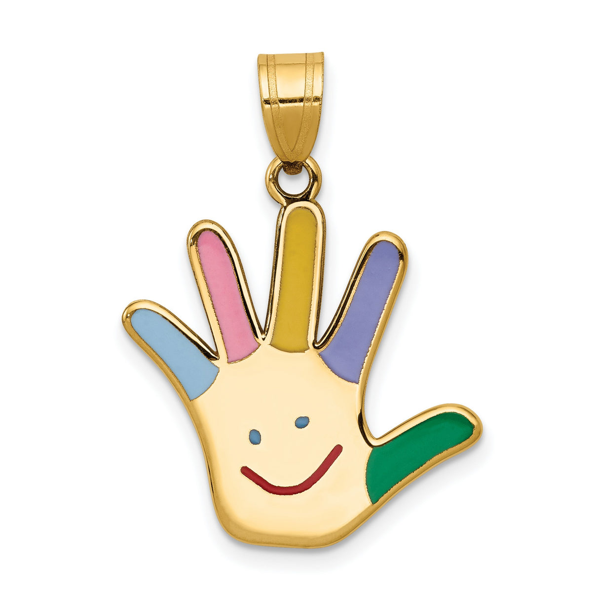 14k Yellow Gold Hand-Shaped Pendant with Colorful Enamel Fingers and Smiling Face Design