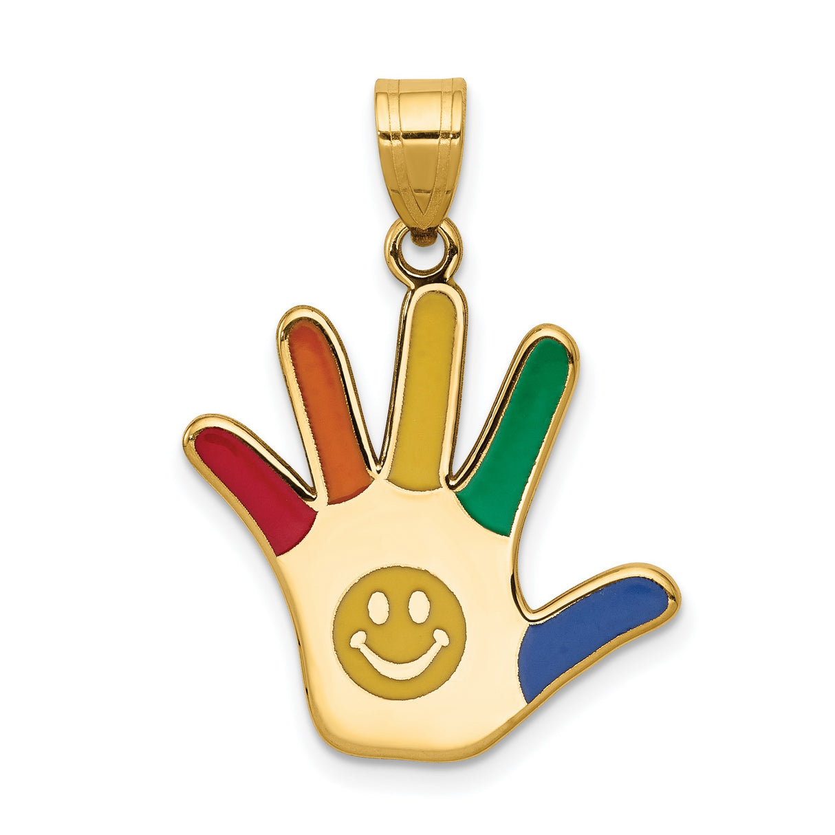 14k Yellow Gold Hand Pendant with Colorful Enamel Fingers and Smiley Face