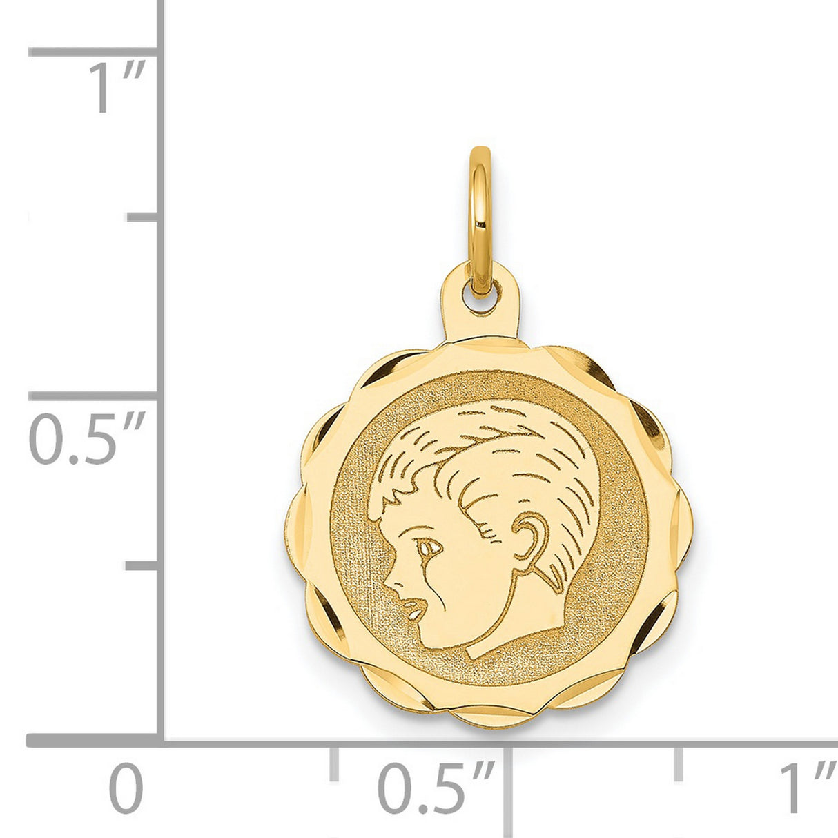 14k Yellow Gold Pendant with Boy Profile, Scalloped Edge Circle Charm for Women