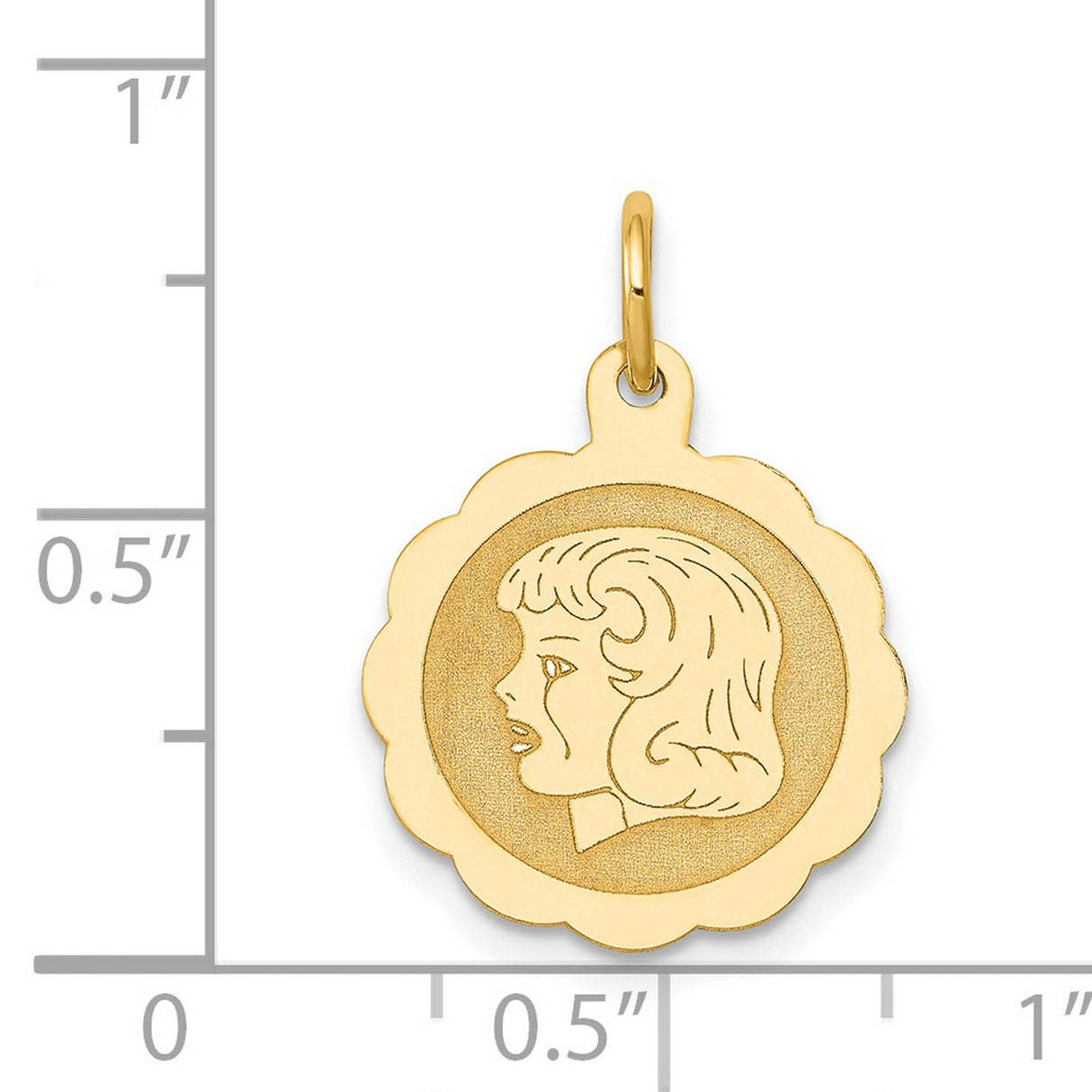 14k Yellow Gold Pendant with Female Silhouette on Scalloped Round Disk