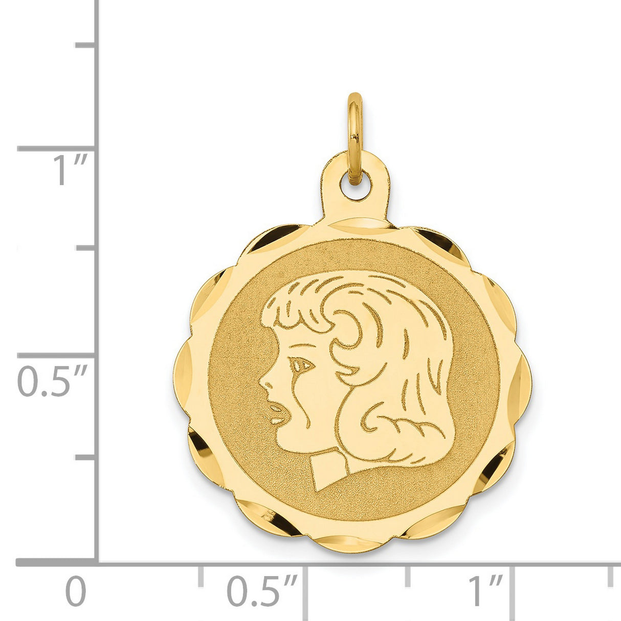 14k Yellow Gold Pendant, Girl Profile with Tear, Scalloped Edge Memorial Charm