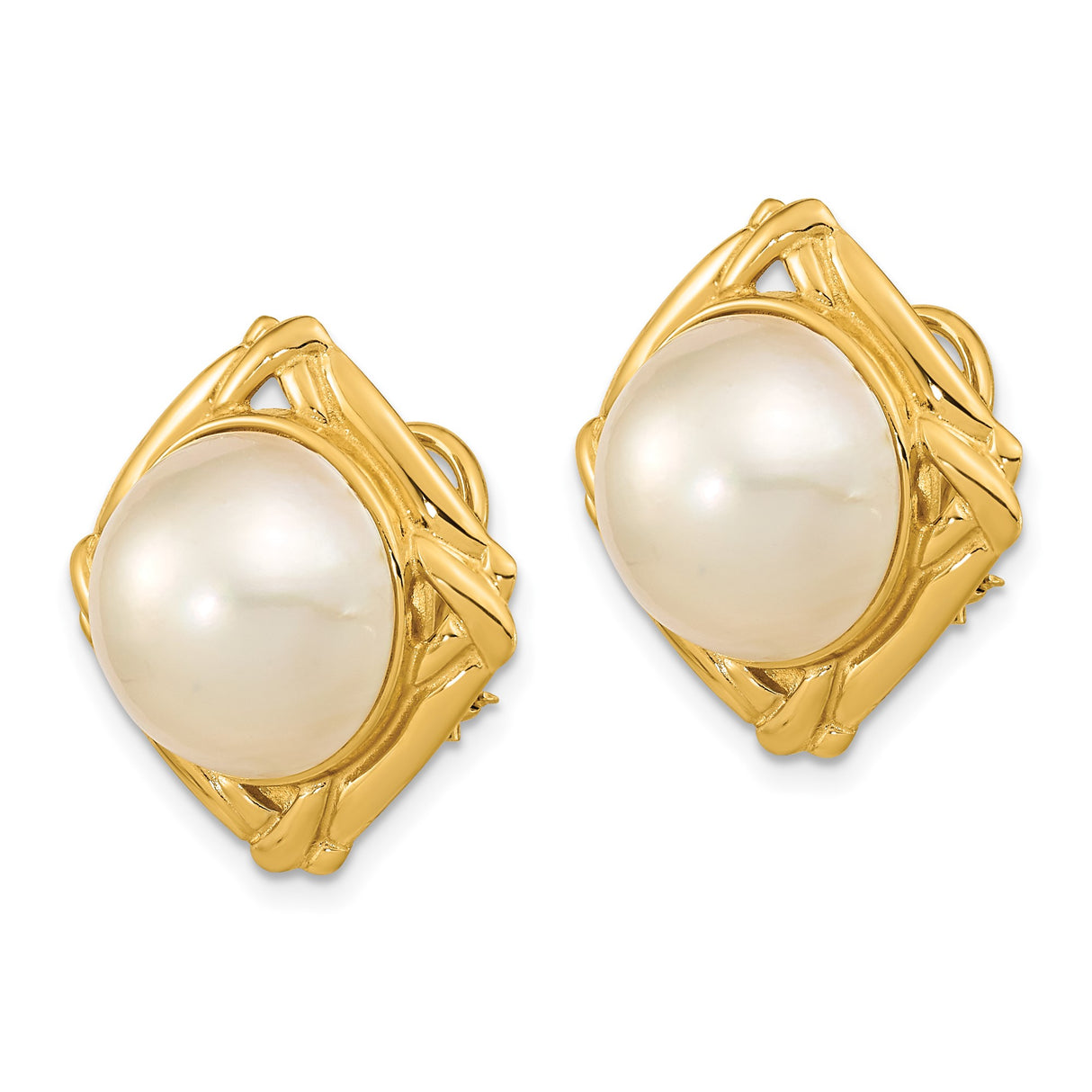 14k Yellow Gold Clip-On Earrings with Cultured White Mabe Pearl, Square Openwork Design