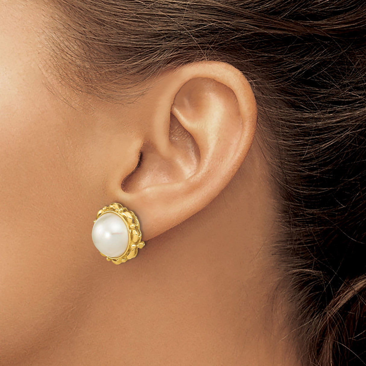 14k Yellow Gold Stud Earrings with White Cultured Pearls, Vintage Floral Bezel Setting