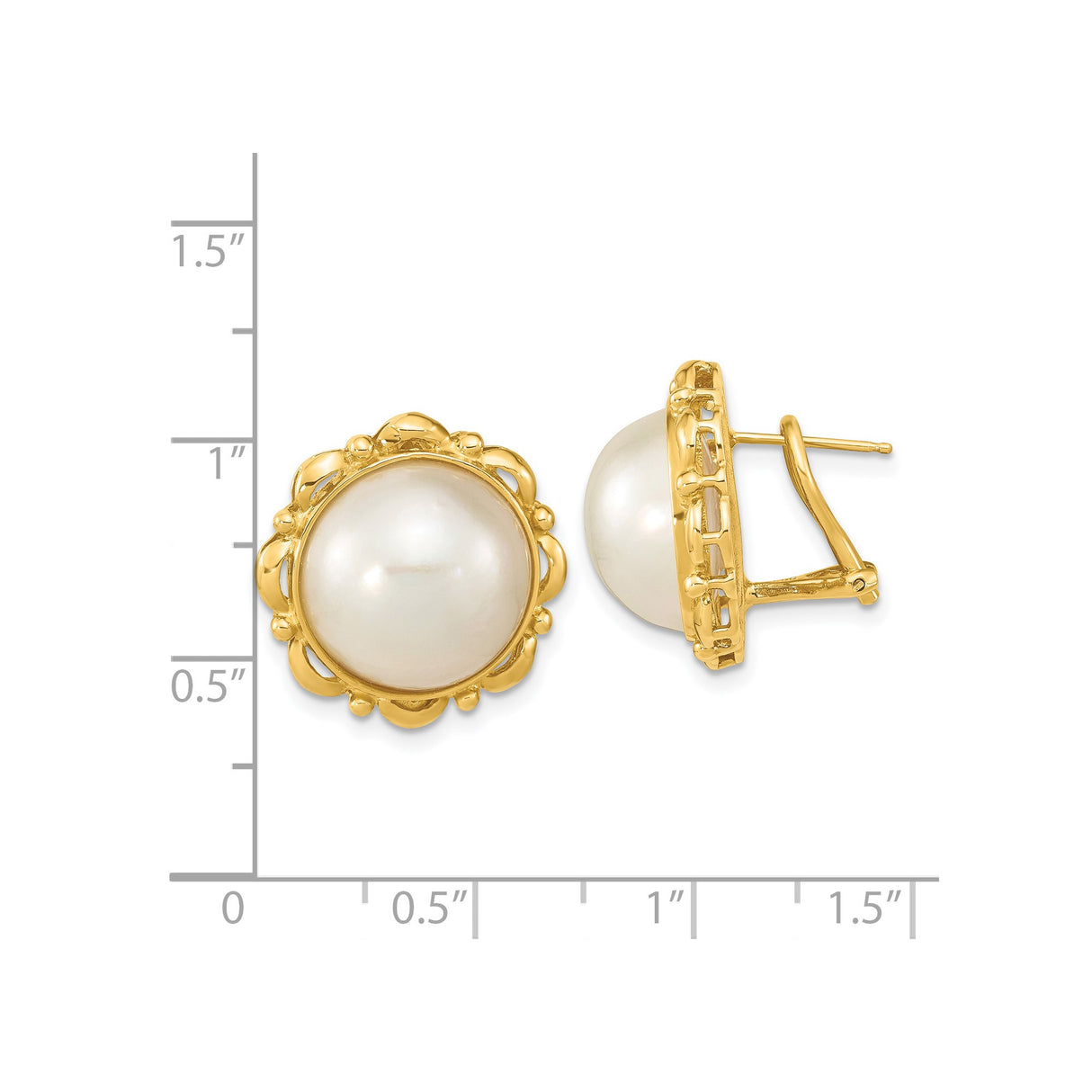 14k Yellow Gold Stud Earrings with White Cultured Pearls, Vintage Floral Bezel Setting