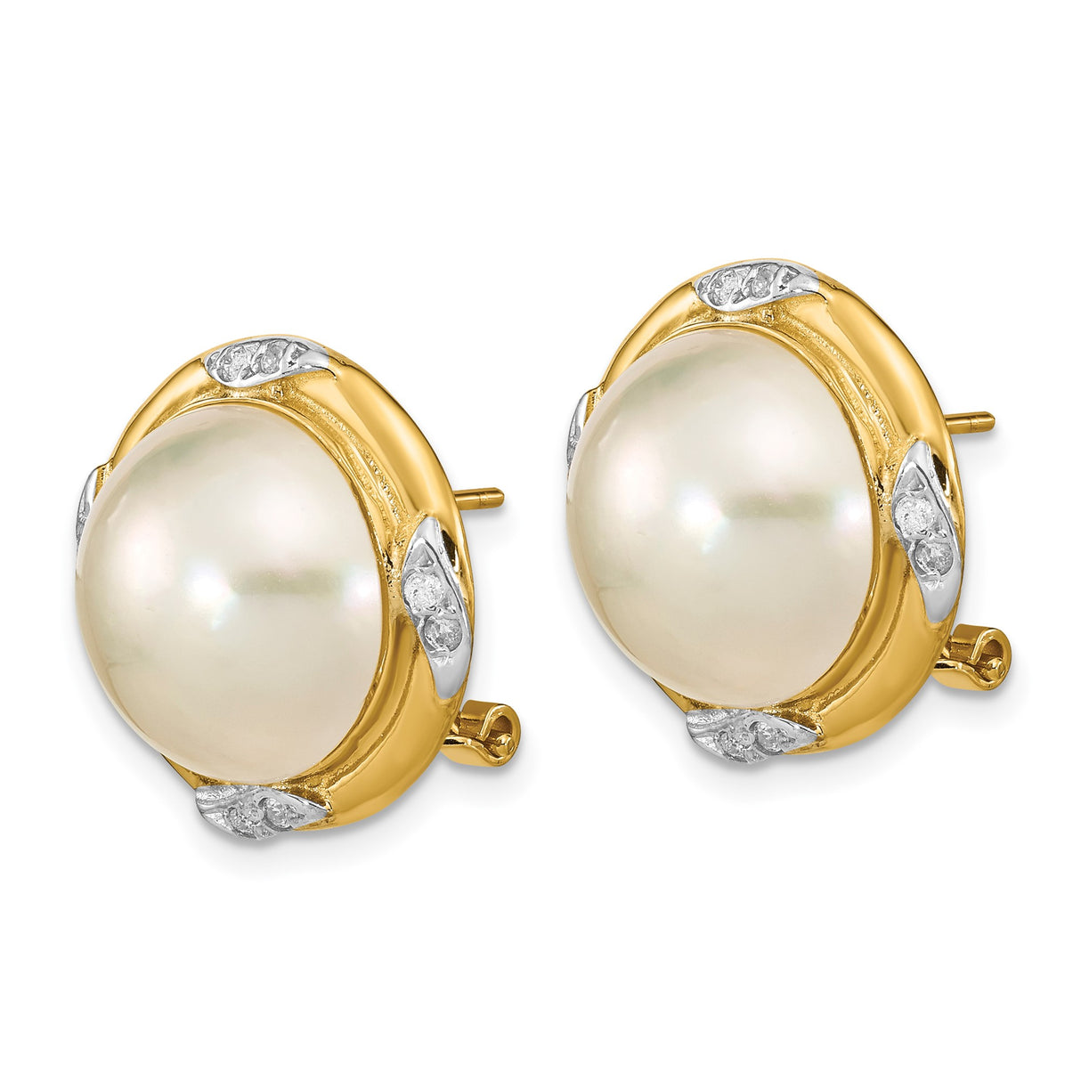 14k Yellow Gold Stud Earrings with White Cultured Pearls and Diamond Accents