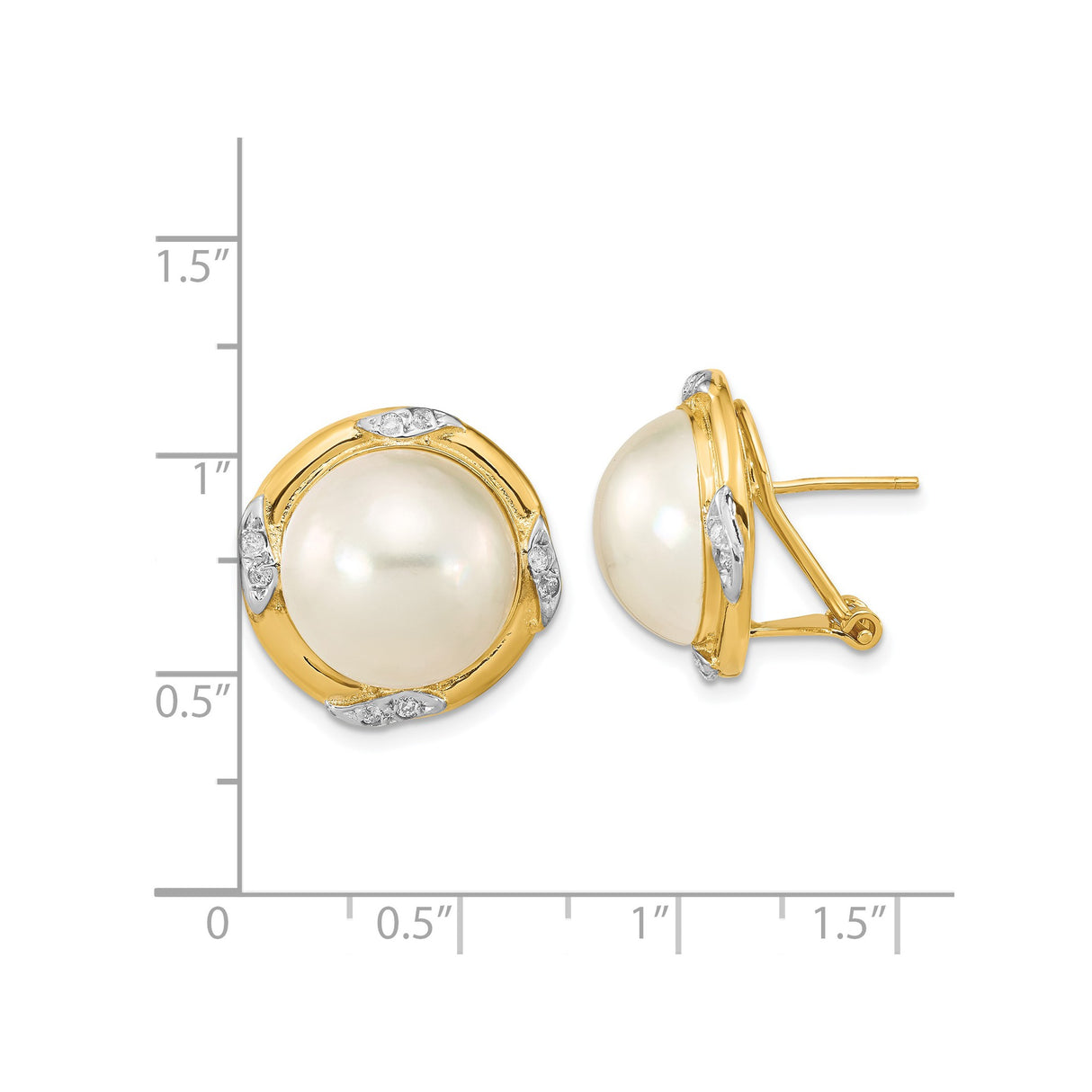 14k Yellow Gold Stud Earrings with White Cultured Pearls and Diamond Accents