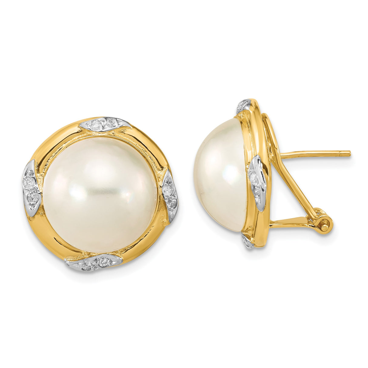 14k Yellow Gold Stud Earrings with White Cultured Pearls and Diamond Accents