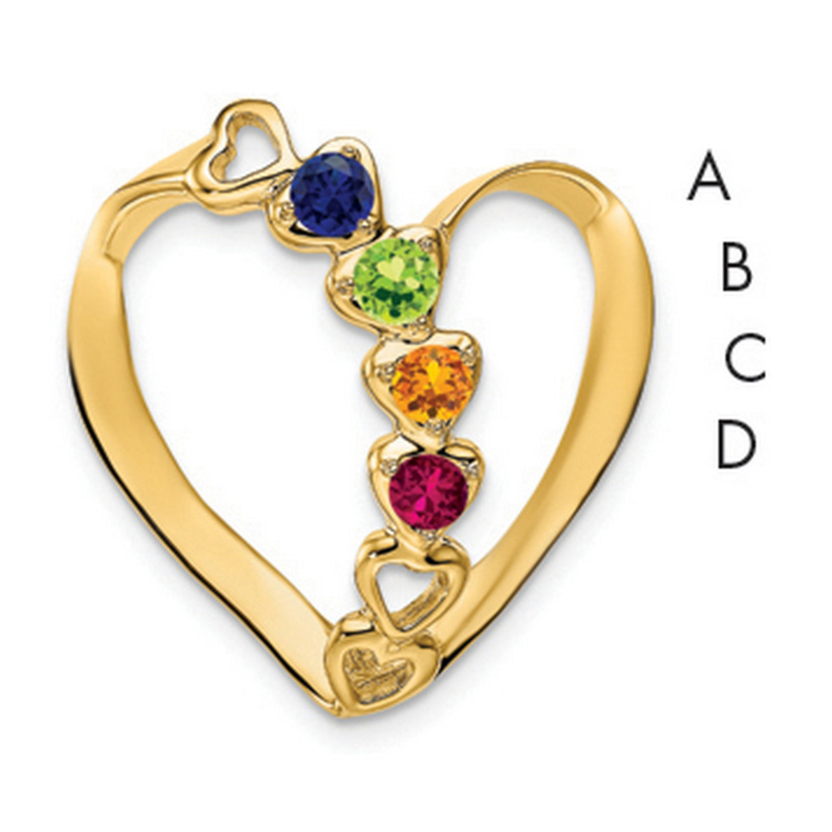 Synthetic Diamond Family Heart Slide Charm Pendant in Real 14k Yellow Gold