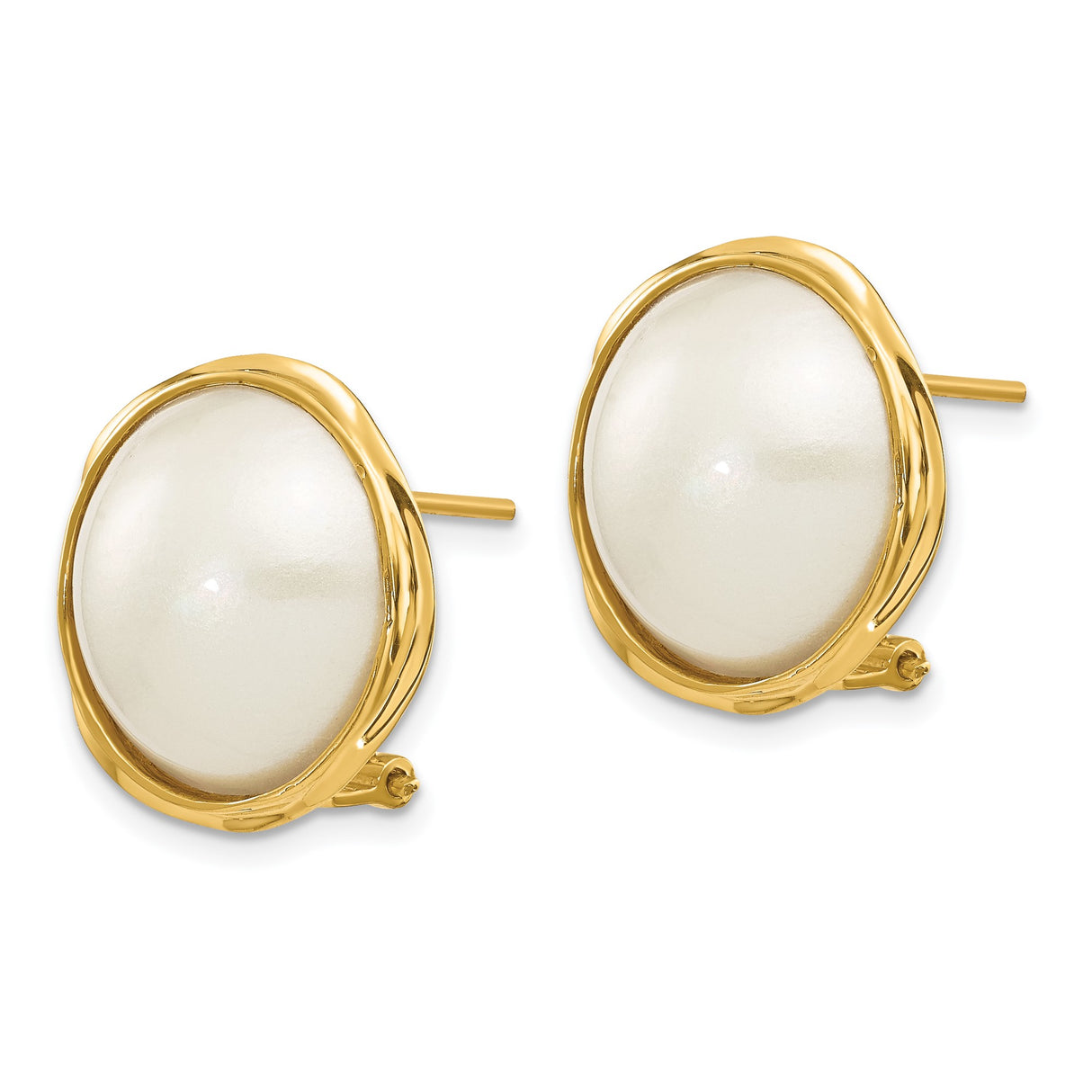 14k Yellow Gold Stud Earrings with White Pearls in Bezel Setting, Classic Womens Jewelry