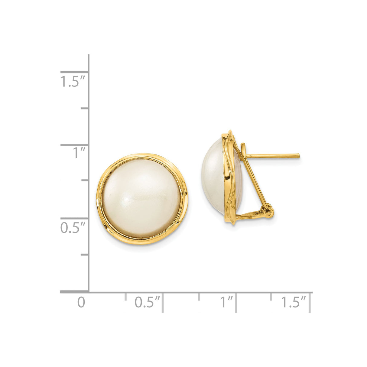 14k Yellow Gold Stud Earrings with White Pearls in Bezel Setting, Classic Womens Jewelry
