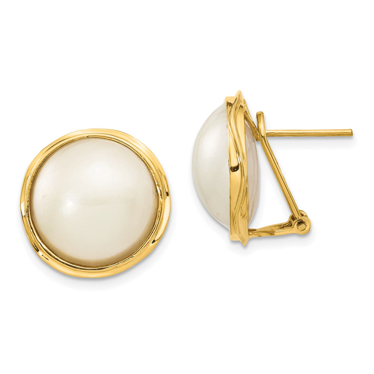 14k Yellow Gold Stud Earrings with White Pearls in Bezel Setting, Classic Womens Jewelry