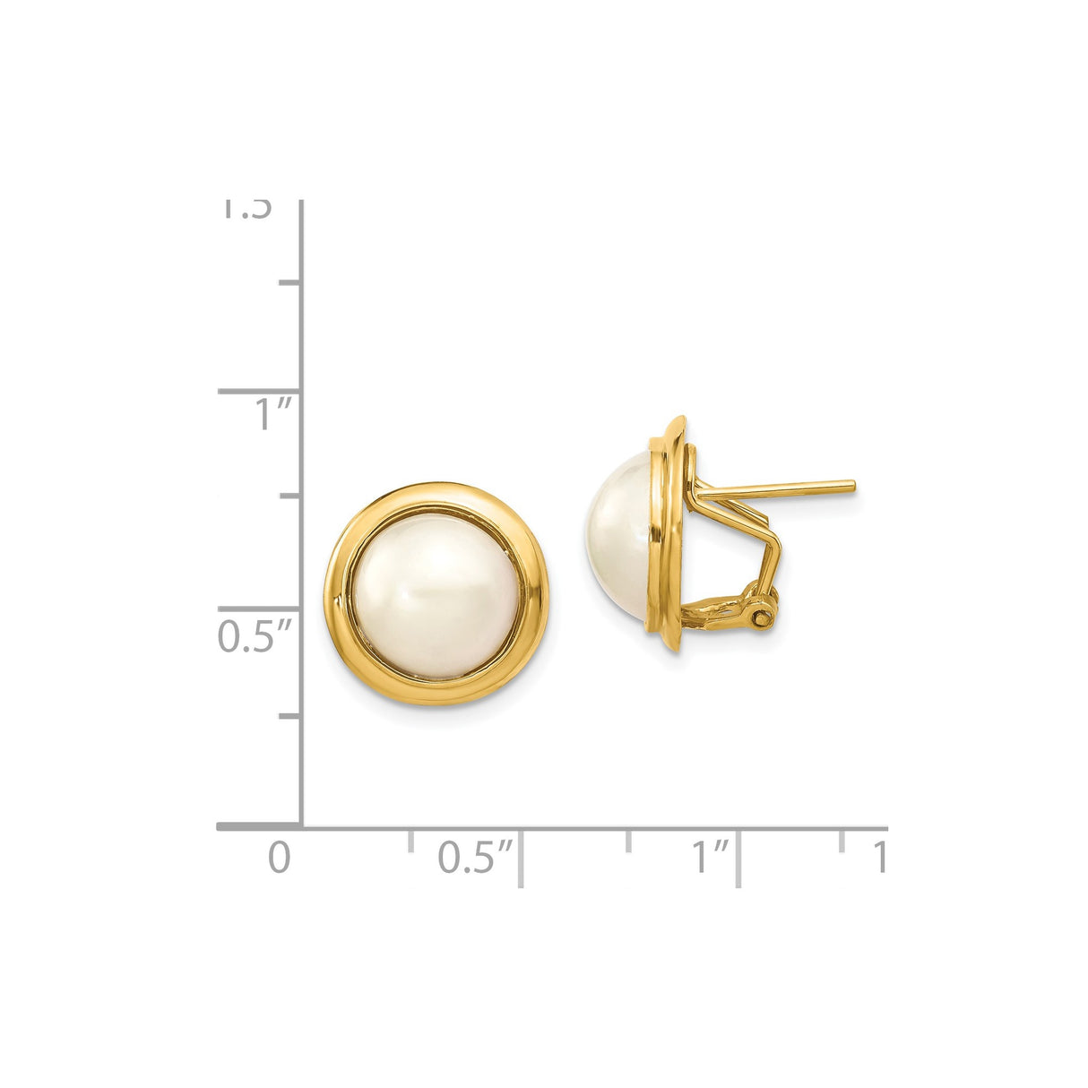 14k Yellow Gold Pearl Stud Earrings with Bezel Setting, Post and Clip Backs