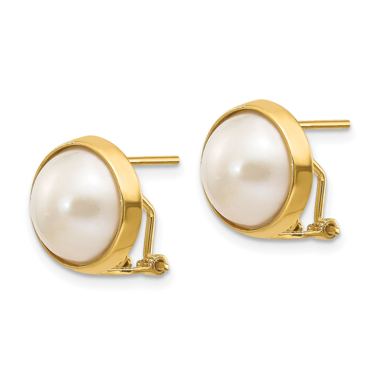 14k Yellow Gold Stud Earrings with Round White Cultured Pearls in Bezel Setting