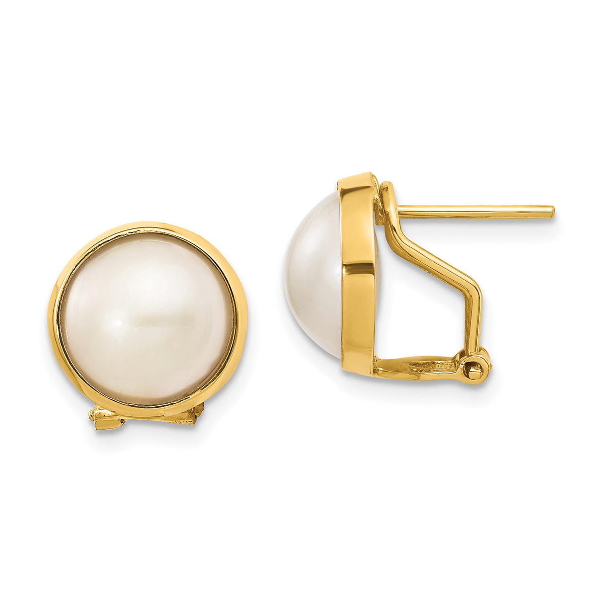 14k Yellow Gold Stud Earrings with Round White Cultured Pearls in Bezel Setting