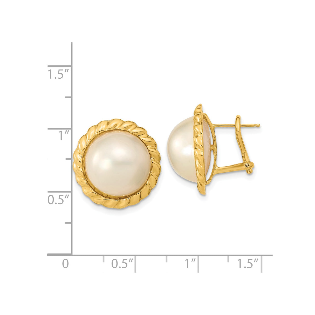 14k Yellow Gold Stud Earrings with Round White Pearls, Button Style, Twisted Rope Design