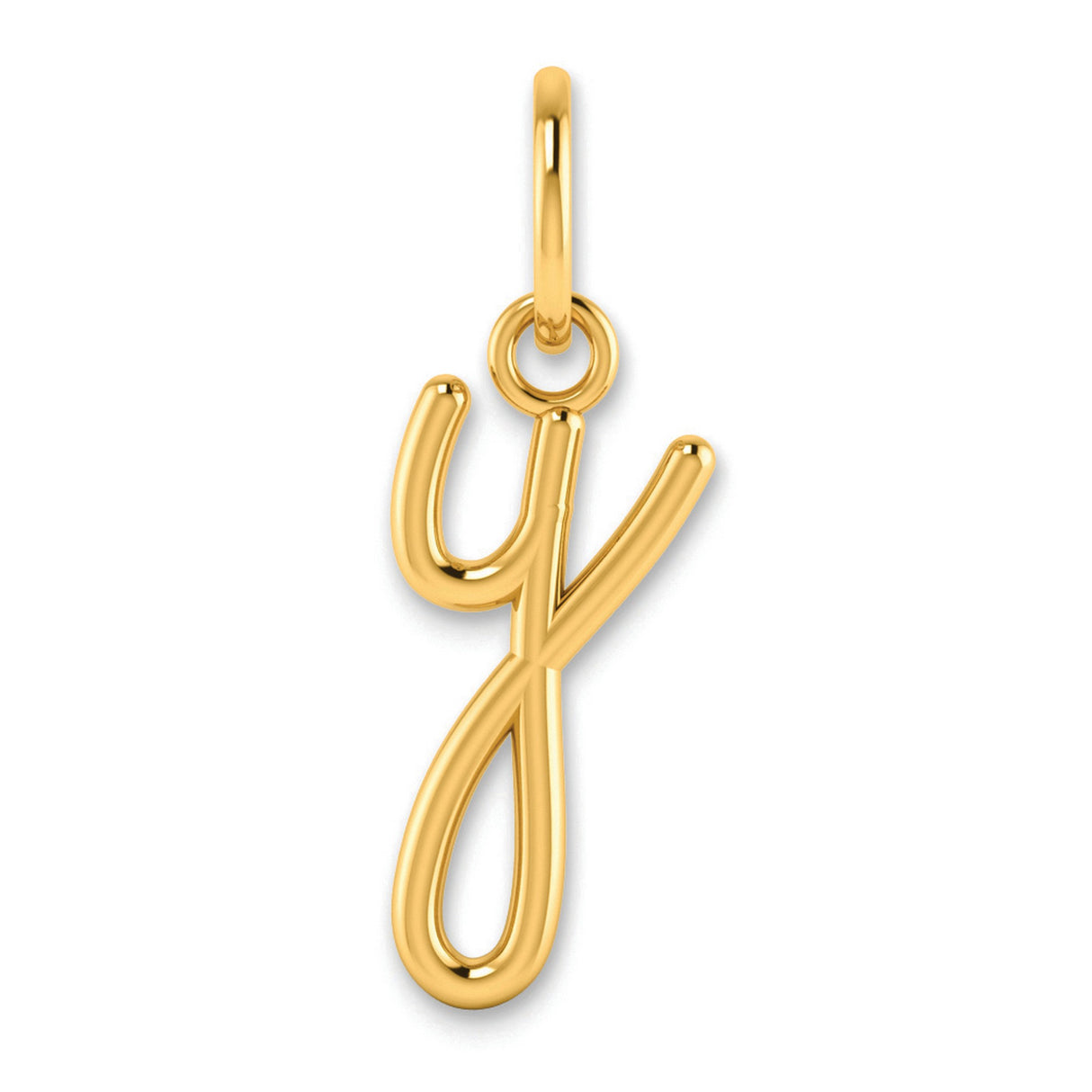 14k Yellow Gold Script Initial Y Pendant, Polished Cursive Letter Charm for Women