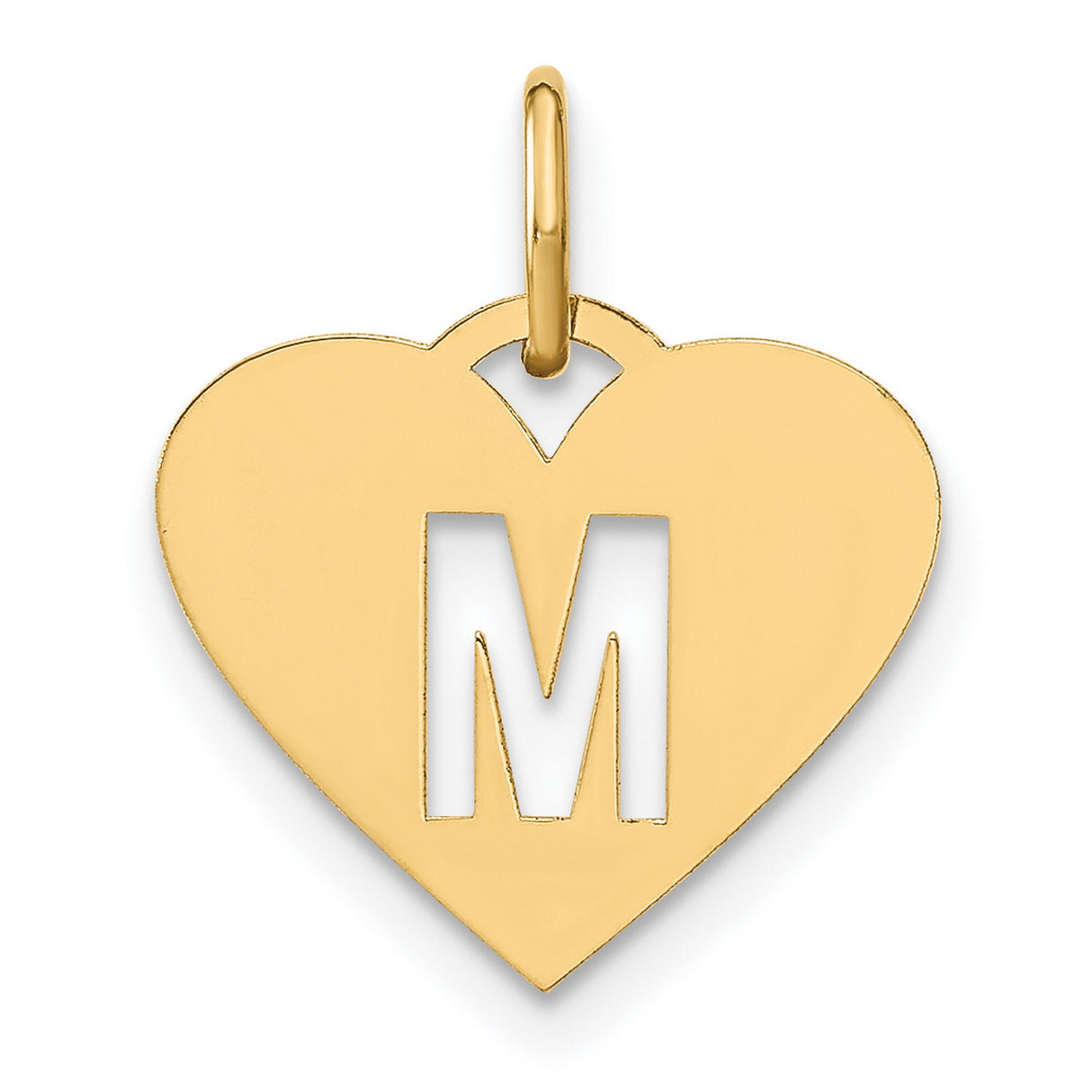 14k Yellow Gold Heart Pendant with Cut-Out Letter M, Minimalist Initial Charm for Women
