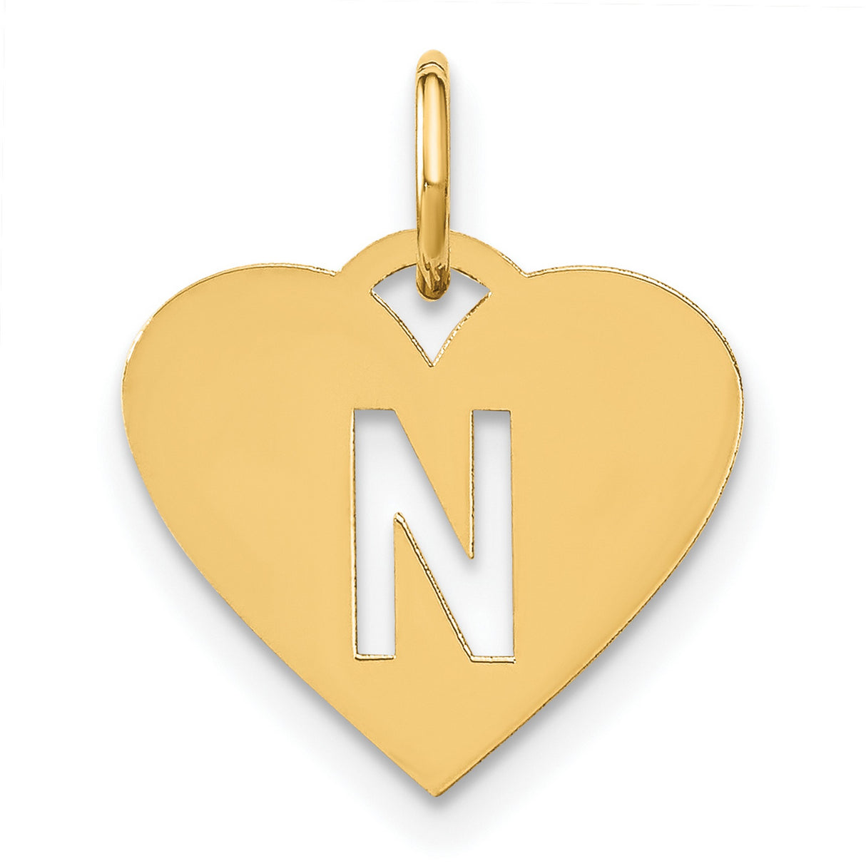 14k Yellow Gold Heart Pendant with Cutout Letter N, Dainty Monogram Charm for Women