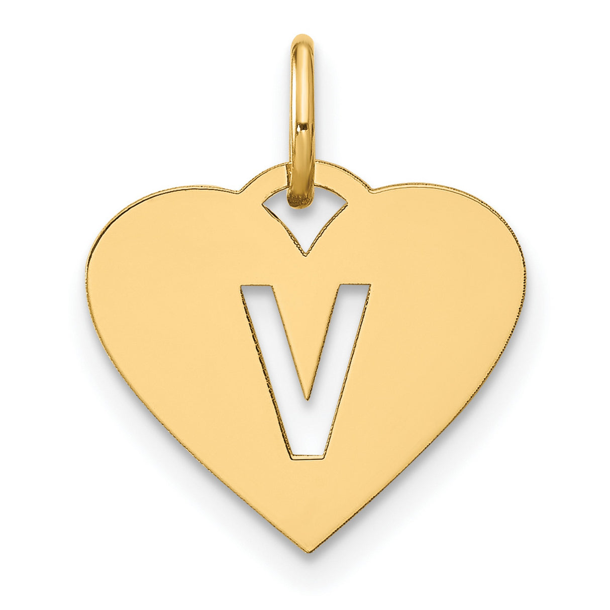 14k Yellow Gold Heart Pendant with Cut-Out Letter V, Dainty Initial Charm for Women