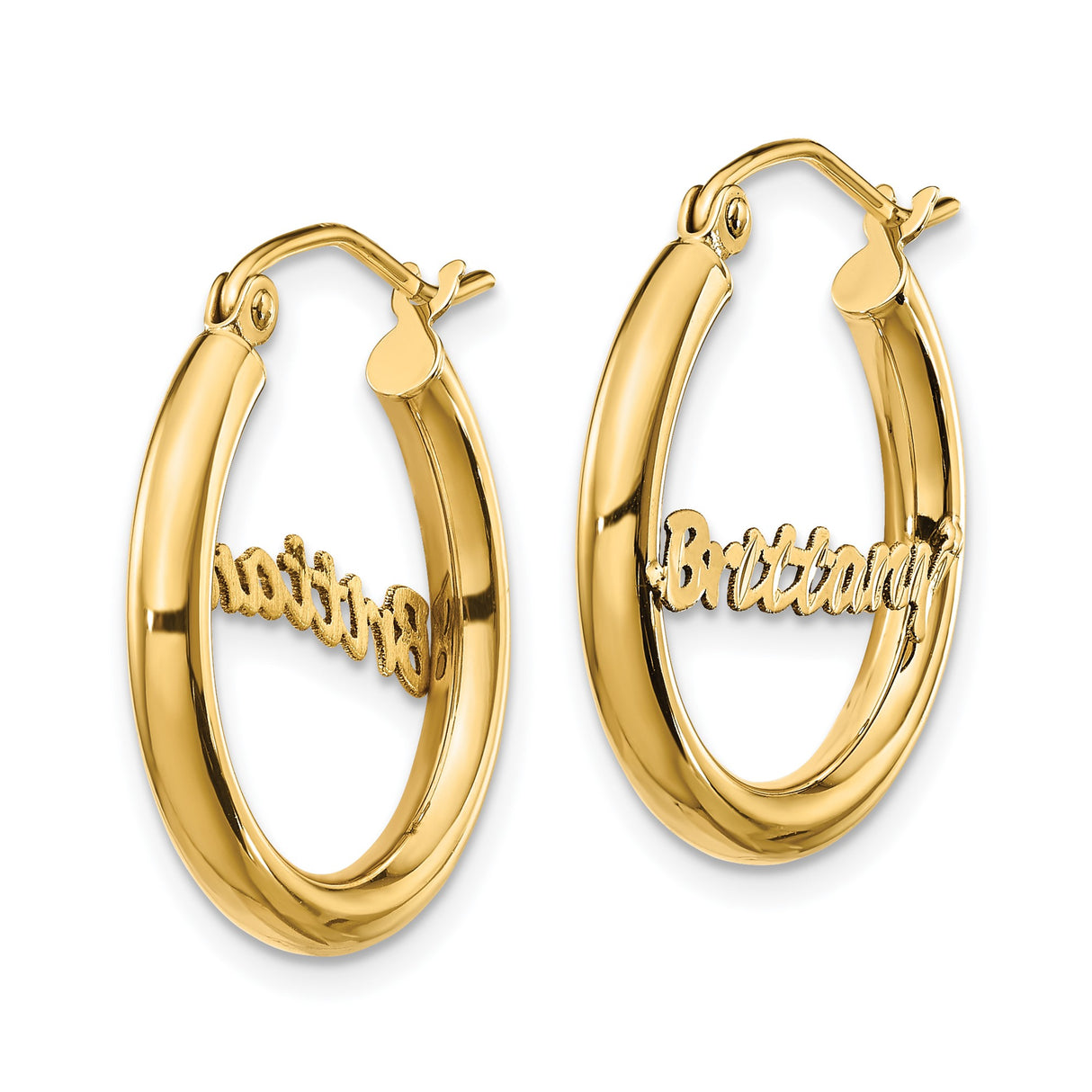 14k Yellow Gold Custom Nameplate Hoop Earring with Brittany in Cursive Script